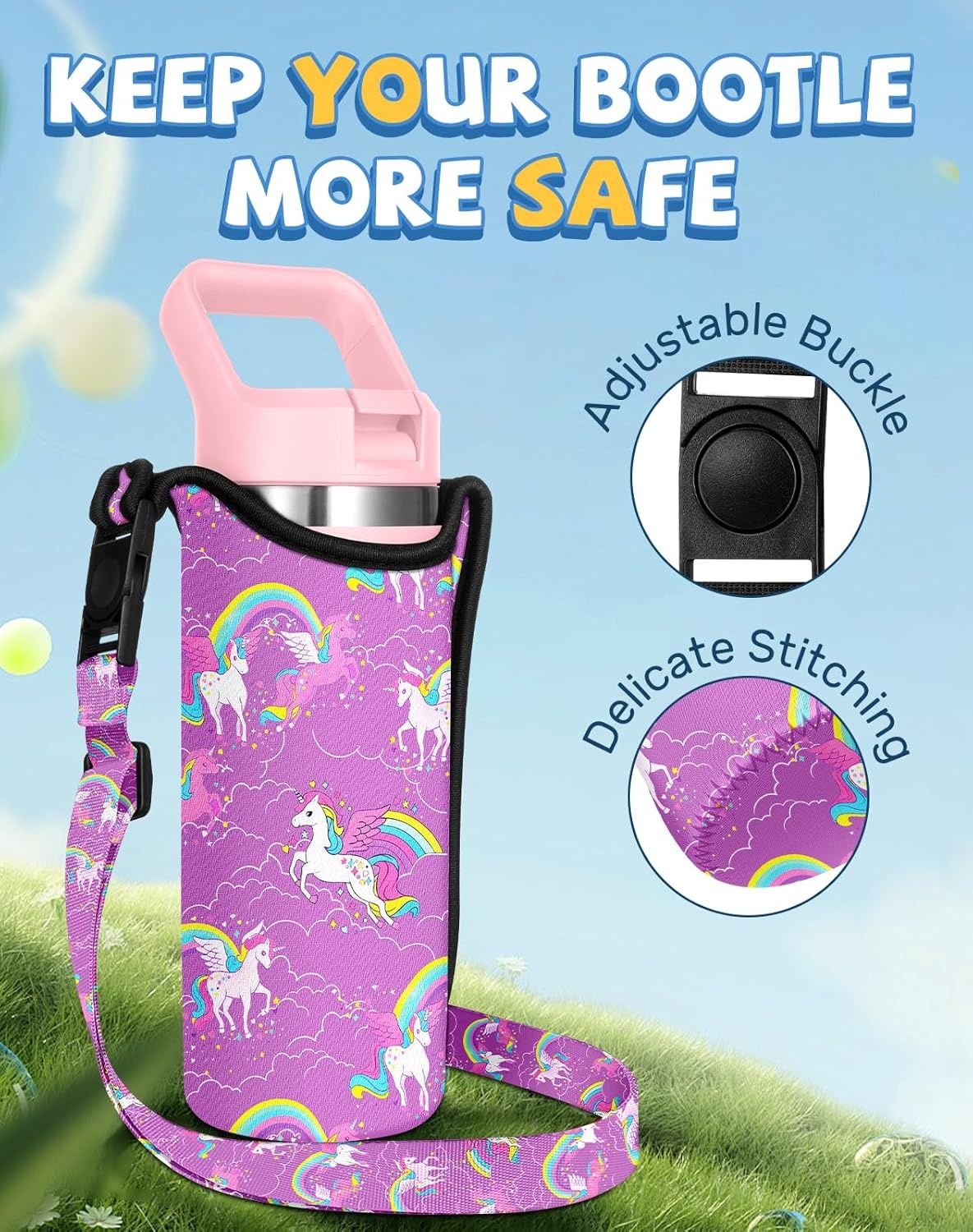 image:imageMiss Adola Water Bottle Carrier with Strap Handheld Kids Water Bottle Holder for 1016 oz 1420 oz Cute Cartoon Design Neoprene Crossbody Bottle Sling Bag for Boys GirlsPurple Unicorn