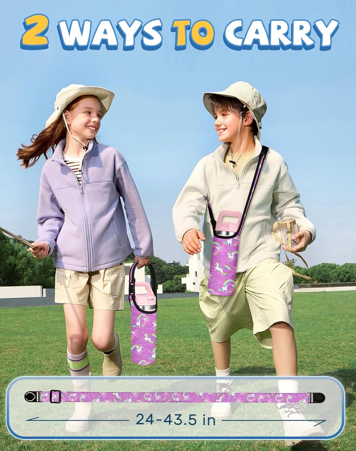 image:imageMiss Adola Water Bottle Carrier with Strap Handheld Kids Water Bottle Holder for 1016 oz 1420 oz Cute Cartoon Design Neoprene Crossbody Bottle Sling Bag for Boys GirlsPurple Unicorn