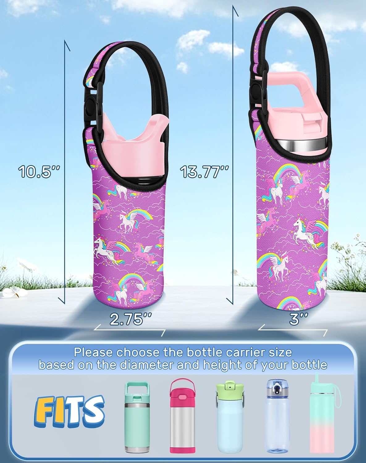 image:imageMiss Adola Water Bottle Carrier with Strap Handheld Kids Water Bottle Holder for 1016 oz 1420 oz Cute Cartoon Design Neoprene Crossbody Bottle Sling Bag for Boys GirlsPurple Unicorn