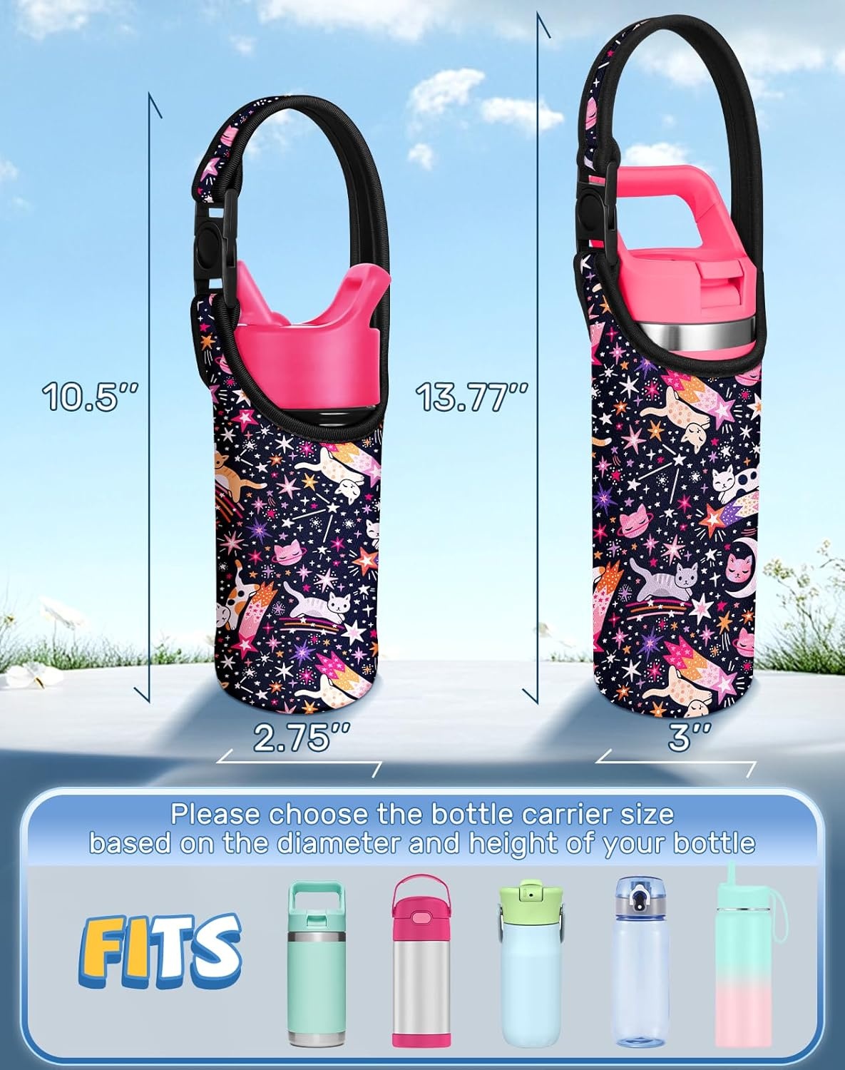 image:imageMiss Adola Water Bottle Carrier with Strap Handheld Kids Water Bottle Holder for 1016 oz 1420 oz Cute Cartoon Design Neoprene Crossbody Bottle Sling Bag for Boys GirlsStar Cats