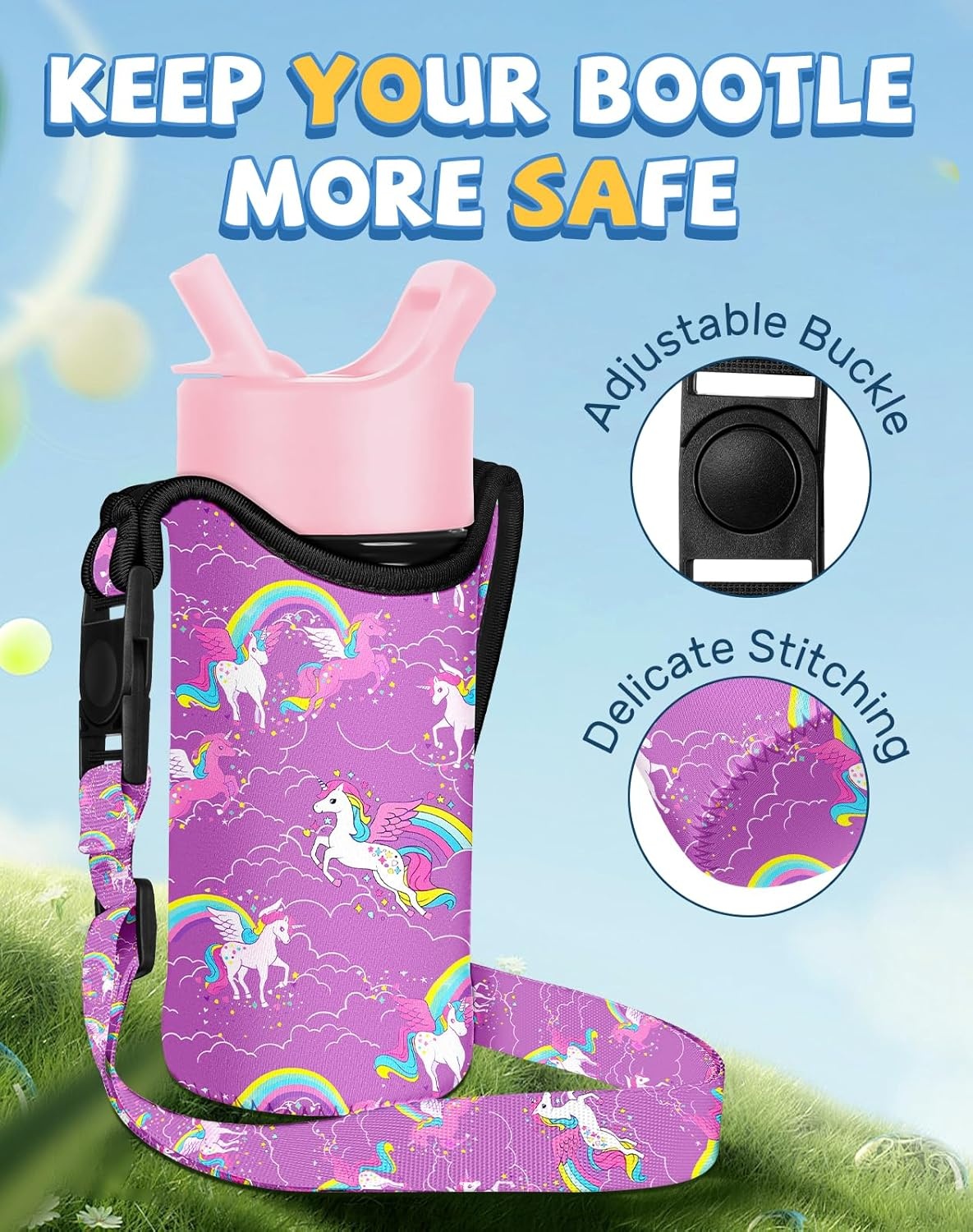image:imageMiss Adola Water Bottle Carrier with Strap Handheld Kids Water Bottle Holder for 1016 oz 1420 oz Cute Cartoon Design Neoprene Crossbody Bottle Sling Bag for Boys GirlsPurple Unicorn