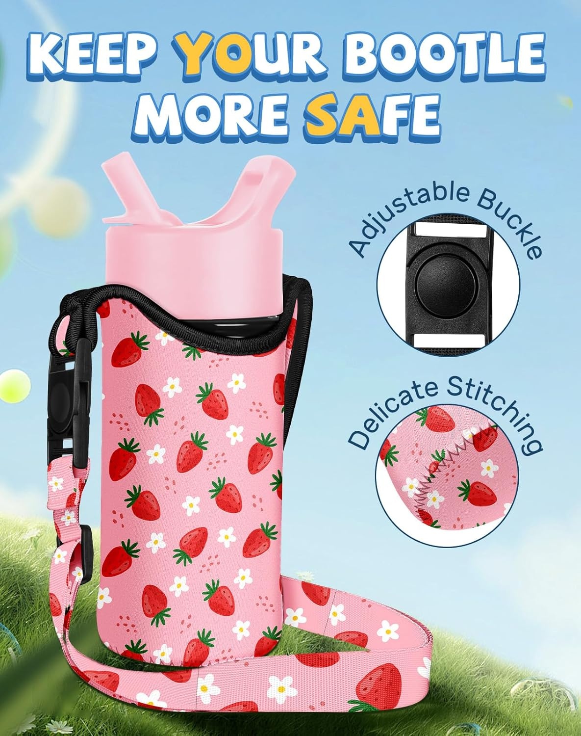 image:imageMiss Adola Water Bottle Carrier with Strap Handheld Kids Water Bottle Holder for 1016 oz 1420 oz Cute Cartoon Design Neoprene Crossbody Bottle Sling Bag for Boys GirlsStrawberry