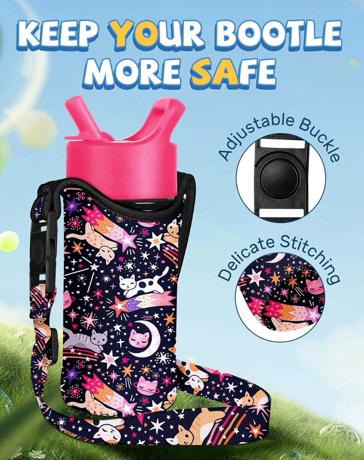 image:imageMiss Adola Water Bottle Carrier with Strap Handheld Kids Water Bottle Holder for 1016 oz 1420 oz Cute Cartoon Design Neoprene Crossbody Bottle Sling Bag for Boys GirlsStar Cats