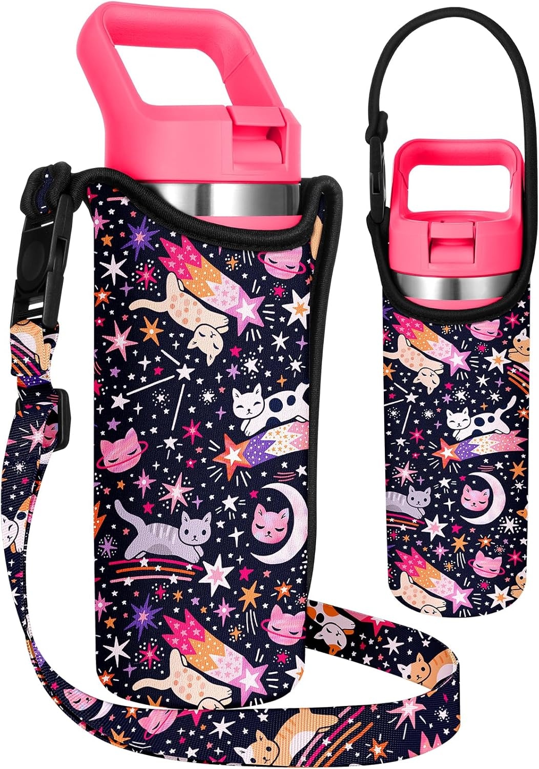 image:imageMiss Adola Water Bottle Carrier with Strap Handheld Kids Water Bottle Holder for 1016 oz 1420 oz Cute Cartoon Design Neoprene Crossbody Bottle Sling Bag for Boys GirlsStar Cats