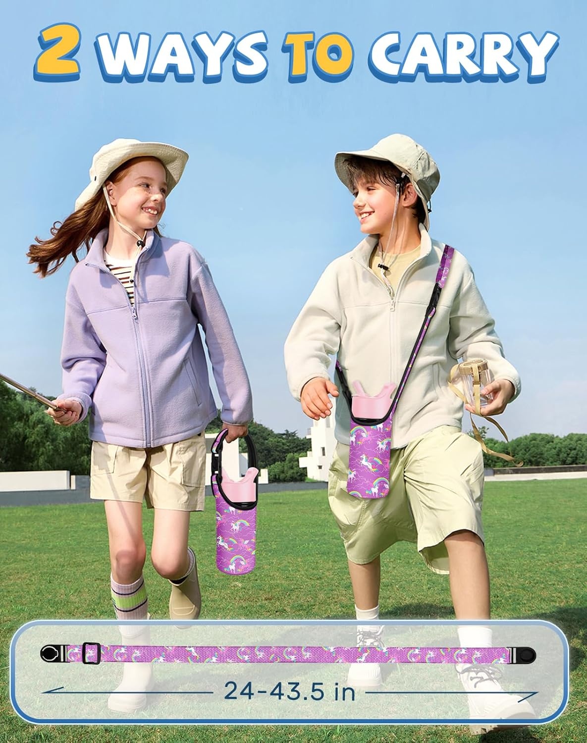 image:imageMiss Adola Water Bottle Carrier with Strap Handheld Kids Water Bottle Holder for 1016 oz 1420 oz Cute Cartoon Design Neoprene Crossbody Bottle Sling Bag for Boys GirlsPurple Unicorn