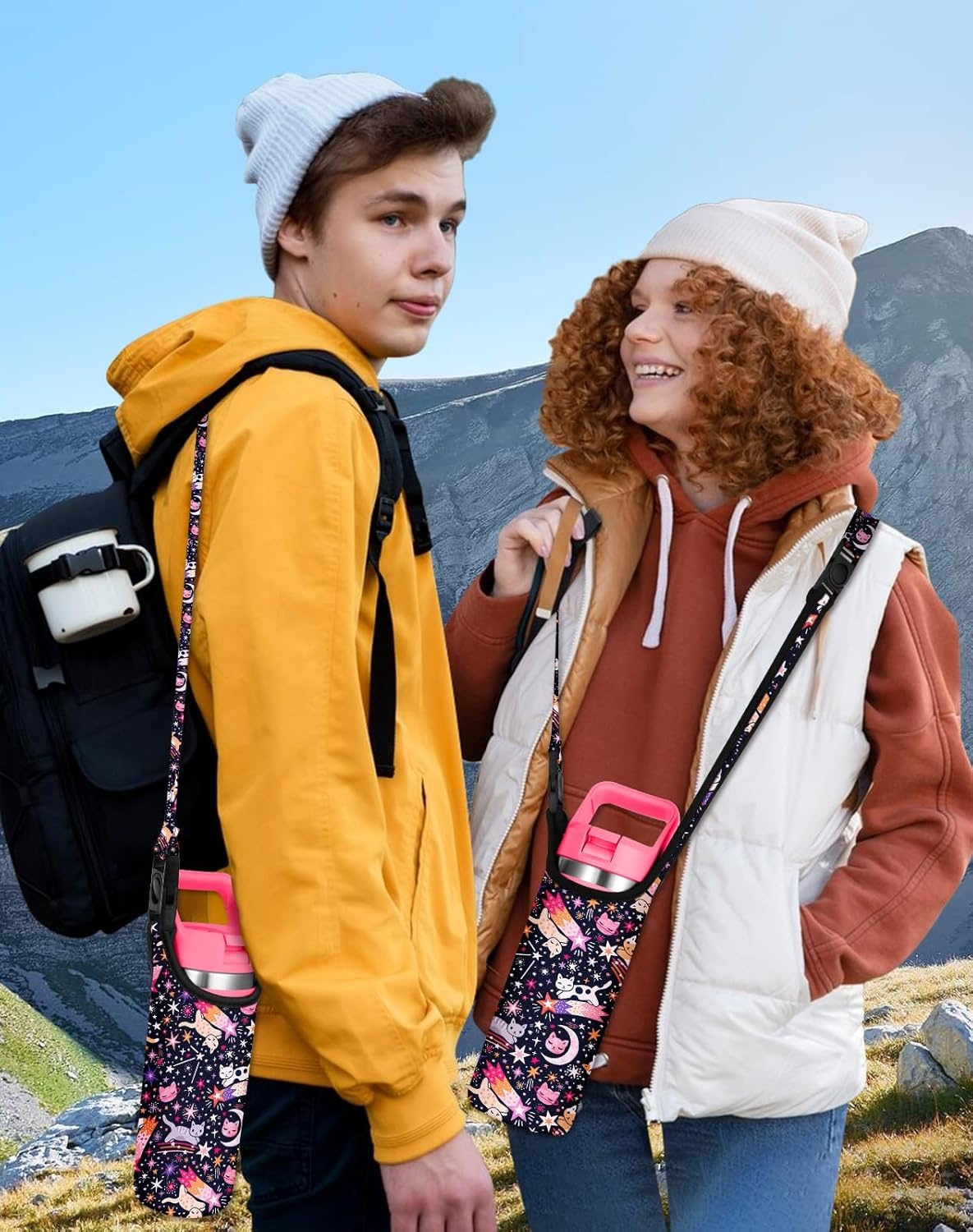 image:imageMiss Adola Water Bottle Carrier with Strap Handheld Kids Water Bottle Holder for 1016 oz 1420 oz Cute Cartoon Design Neoprene Crossbody Bottle Sling Bag for Boys GirlsStar Cats