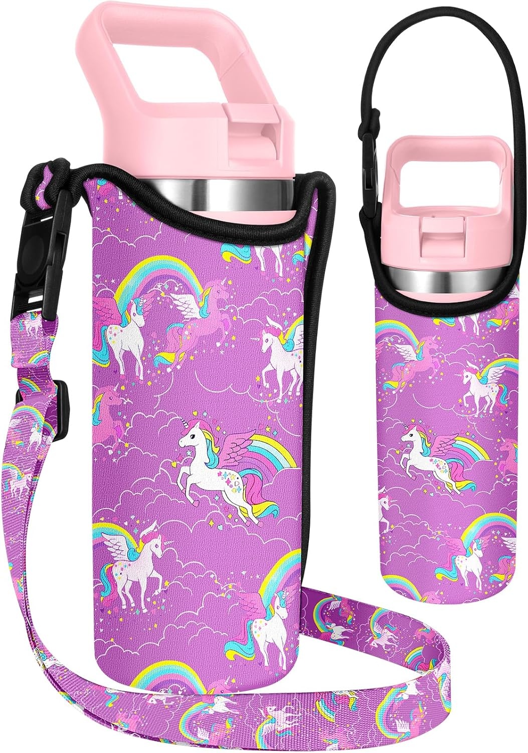 image:imageMiss Adola Water Bottle Carrier with Strap Handheld Kids Water Bottle Holder for 1016 oz 1420 oz Cute Cartoon Design Neoprene Crossbody Bottle Sling Bag for Boys GirlsPurple Unicorn