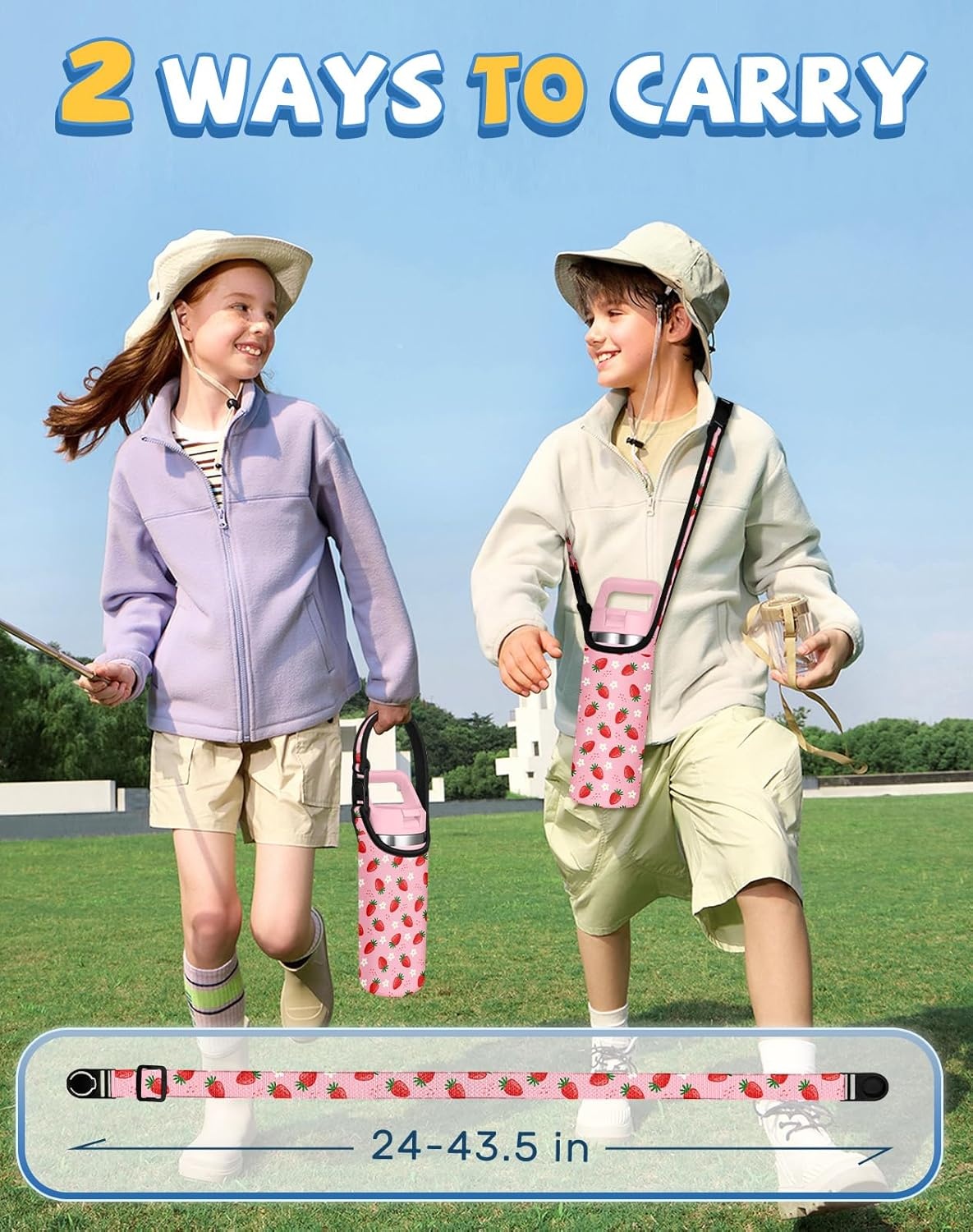 image:imageMiss Adola Water Bottle Carrier with Strap Handheld Kids Water Bottle Holder for 1016 oz 1420 oz Cute Cartoon Design Neoprene Crossbody Bottle Sling Bag for Boys GirlsStrawberry