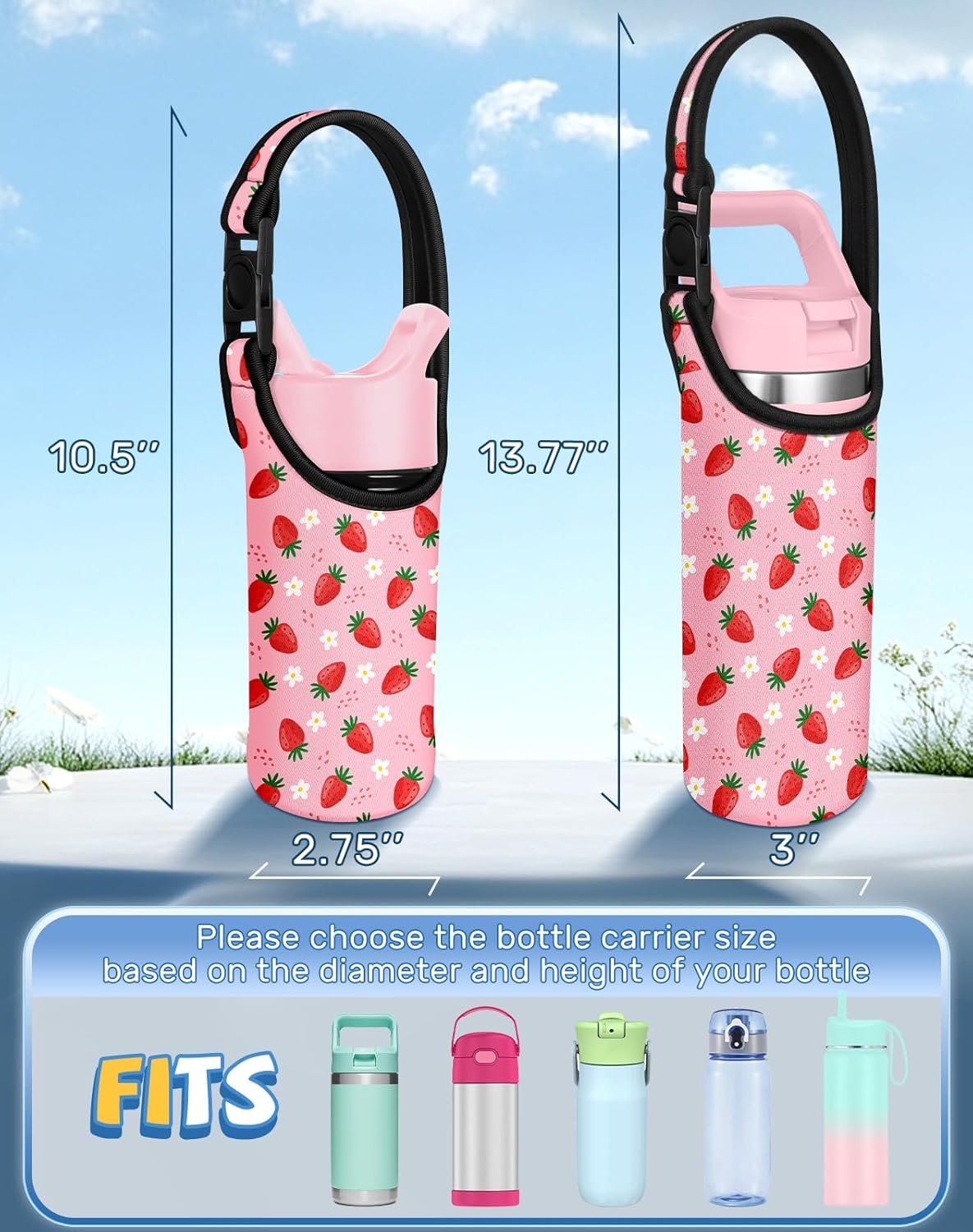 image:imageMiss Adola Water Bottle Carrier with Strap Handheld Kids Water Bottle Holder for 1016 oz 1420 oz Cute Cartoon Design Neoprene Crossbody Bottle Sling Bag for Boys GirlsStrawberry