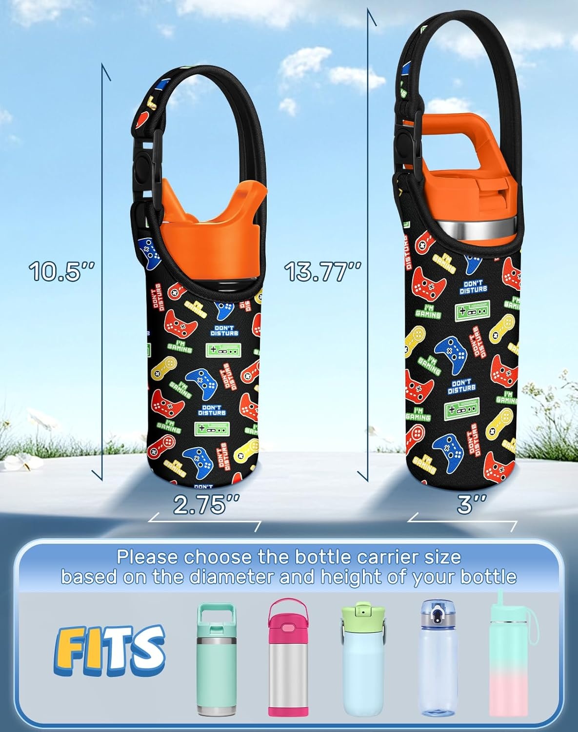 image:imageMiss Adola Water Bottle Carrier with Strap Handheld Kids Water Bottle Holder for 1016 oz Cute Cartoon Design Neoprene Crossbody Bottle Sling Bag for Boys for Insulated Drink Bottle Colorful Game