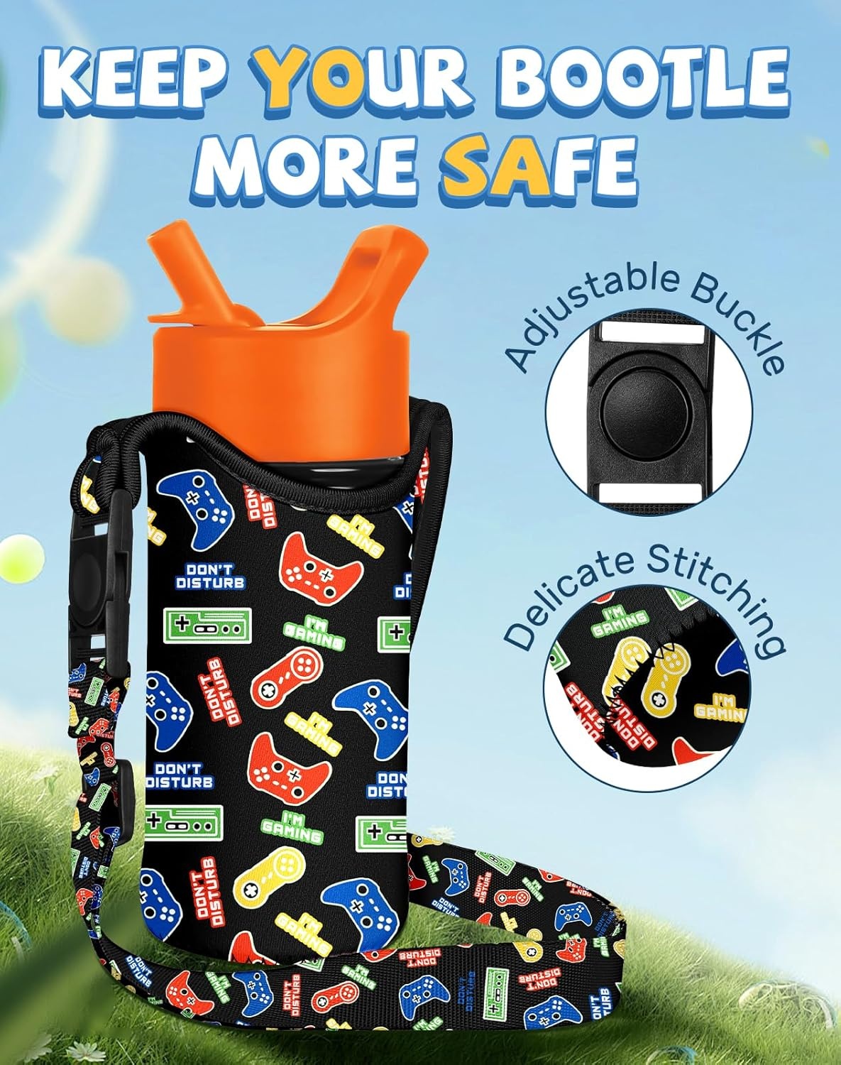 image:imageMiss Adola Water Bottle Carrier with Strap Handheld Kids Water Bottle Holder for 1016 oz Cute Cartoon Design Neoprene Crossbody Bottle Sling Bag for Boys for Insulated Drink Bottle Colorful Game