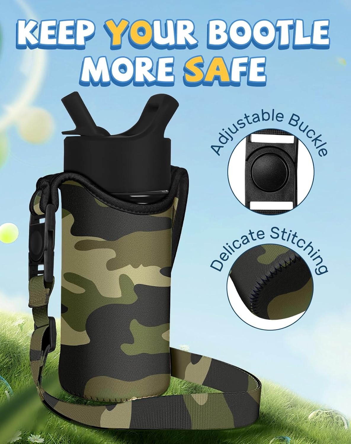 image:imageMiss Adola Water Bottle Carrier with Strap Handheld Kids Water Bottle Holder for 1016 oz Cute Cartoon Design Neoprene Crossbody Sling Bag for Boys Girls for Insulated Drink Bottle GN Camo