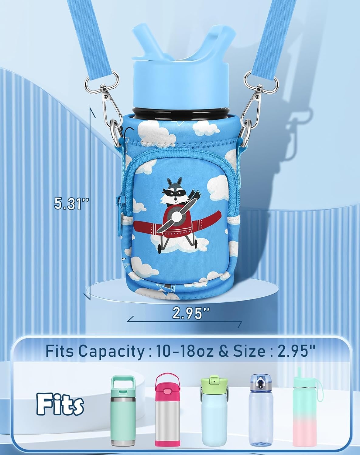 image:imageMiss Adola Water Bottle Carrier with Strap Insulated Kids Water Bottle Holder for Boys Girls Bottle Bag for 1018OzAirplane Raccoon
