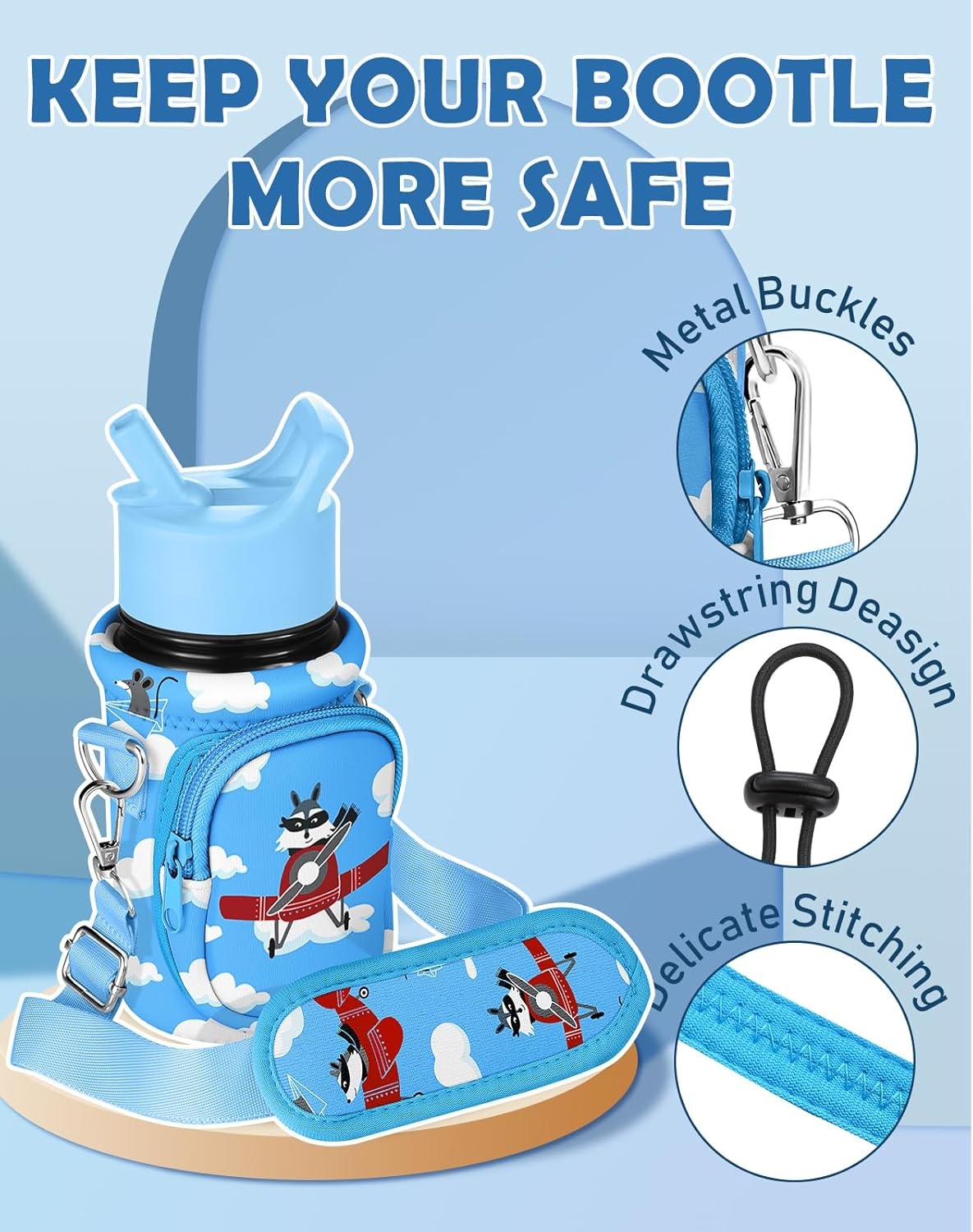 image:imageMiss Adola Water Bottle Carrier with Strap Insulated Kids Water Bottle Holder for Boys Girls Bottle Bag for 1018OzAirplane Raccoon
