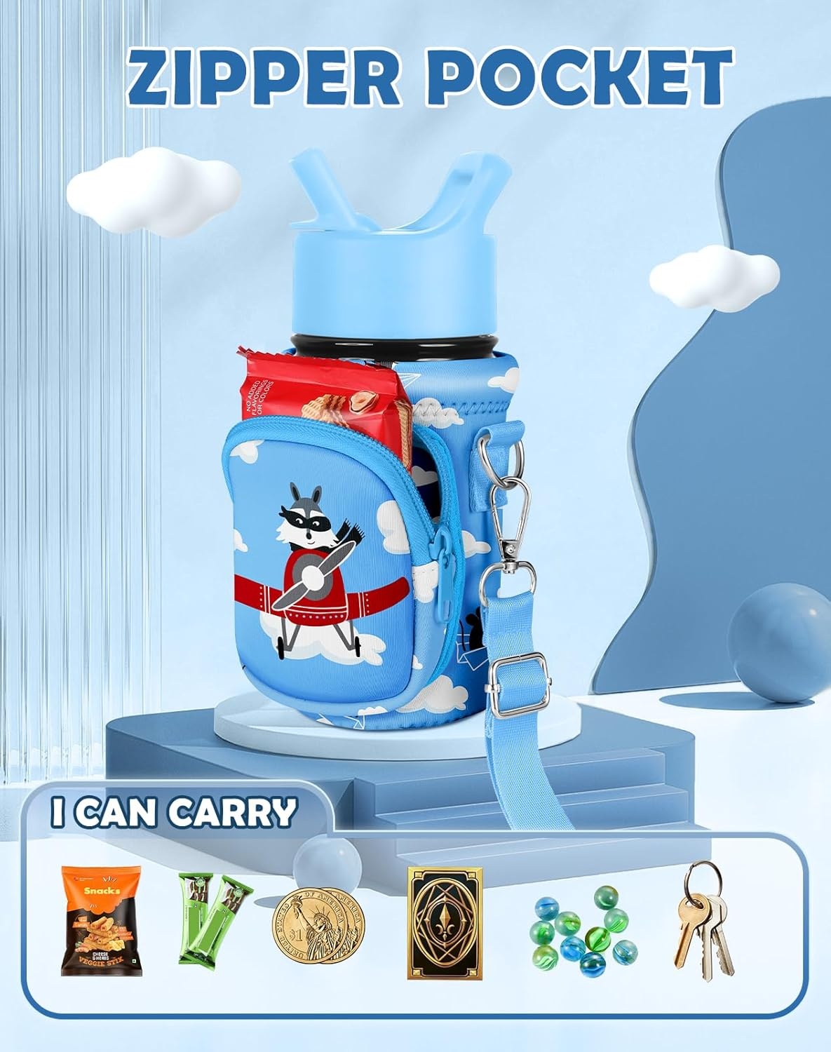 image:imageMiss Adola Water Bottle Carrier with Strap Insulated Kids Water Bottle Holder for Boys Girls Bottle Bag for 1018OzAirplane Raccoon