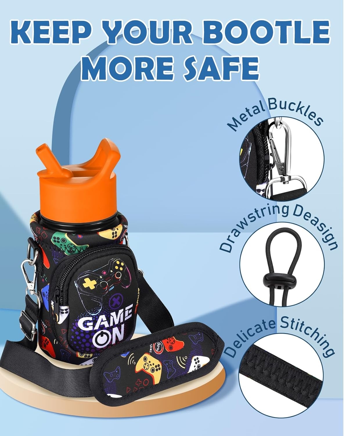 image:imageMiss Adola Water Bottle Carrier with Strap Insulated Kids Water Bottle Holder for Boys Girls Bottle Bag for 1018OzBlack Game On