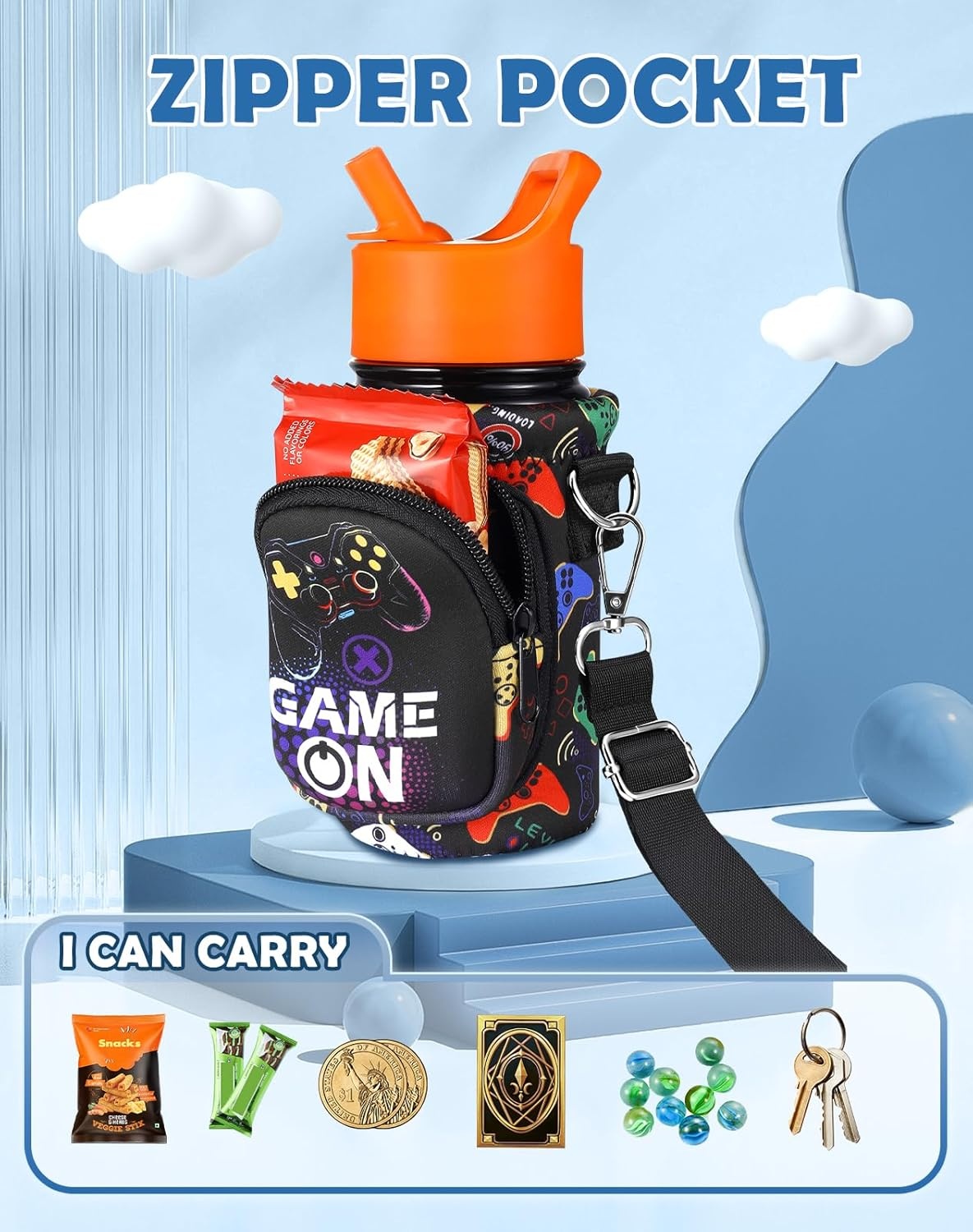 image:imageMiss Adola Water Bottle Carrier with Strap Insulated Kids Water Bottle Holder for Boys Girls Bottle Bag for 1018OzBlack Game On