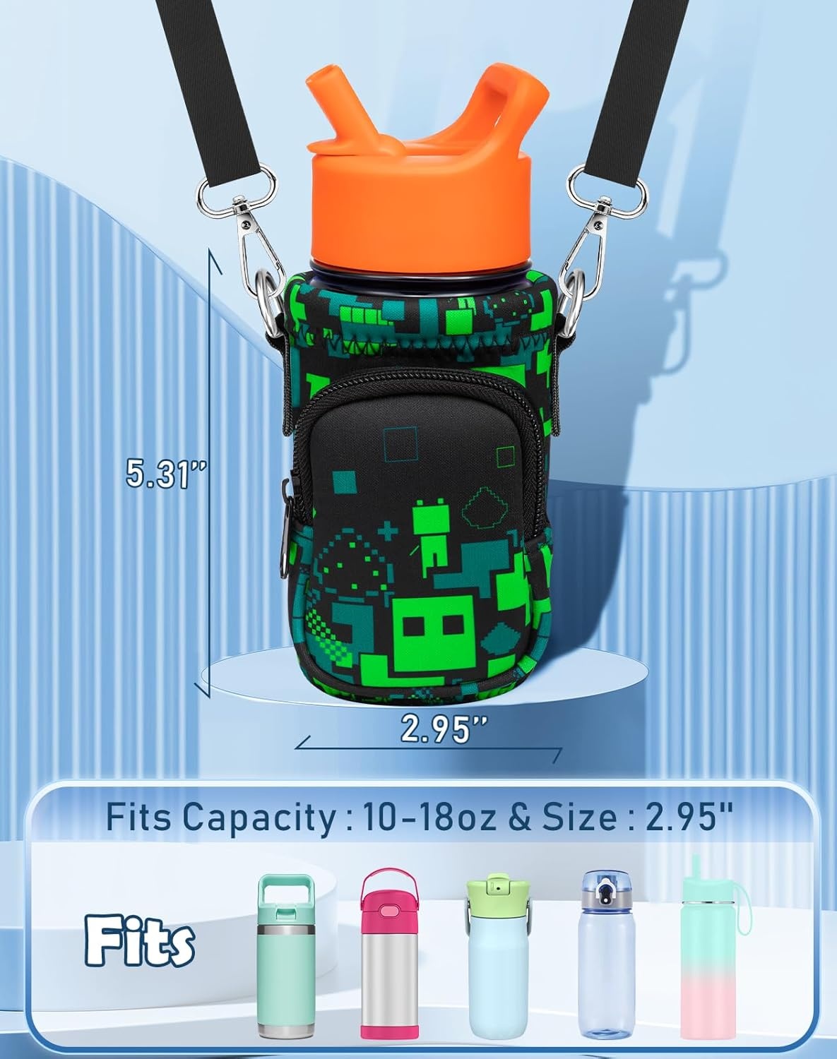 image:imageMiss Adola Water Bottle Carrier with Strap Insulated Kids Water Bottle Holder for Boys Girls Bottle Bag for 1018OzGreen World
