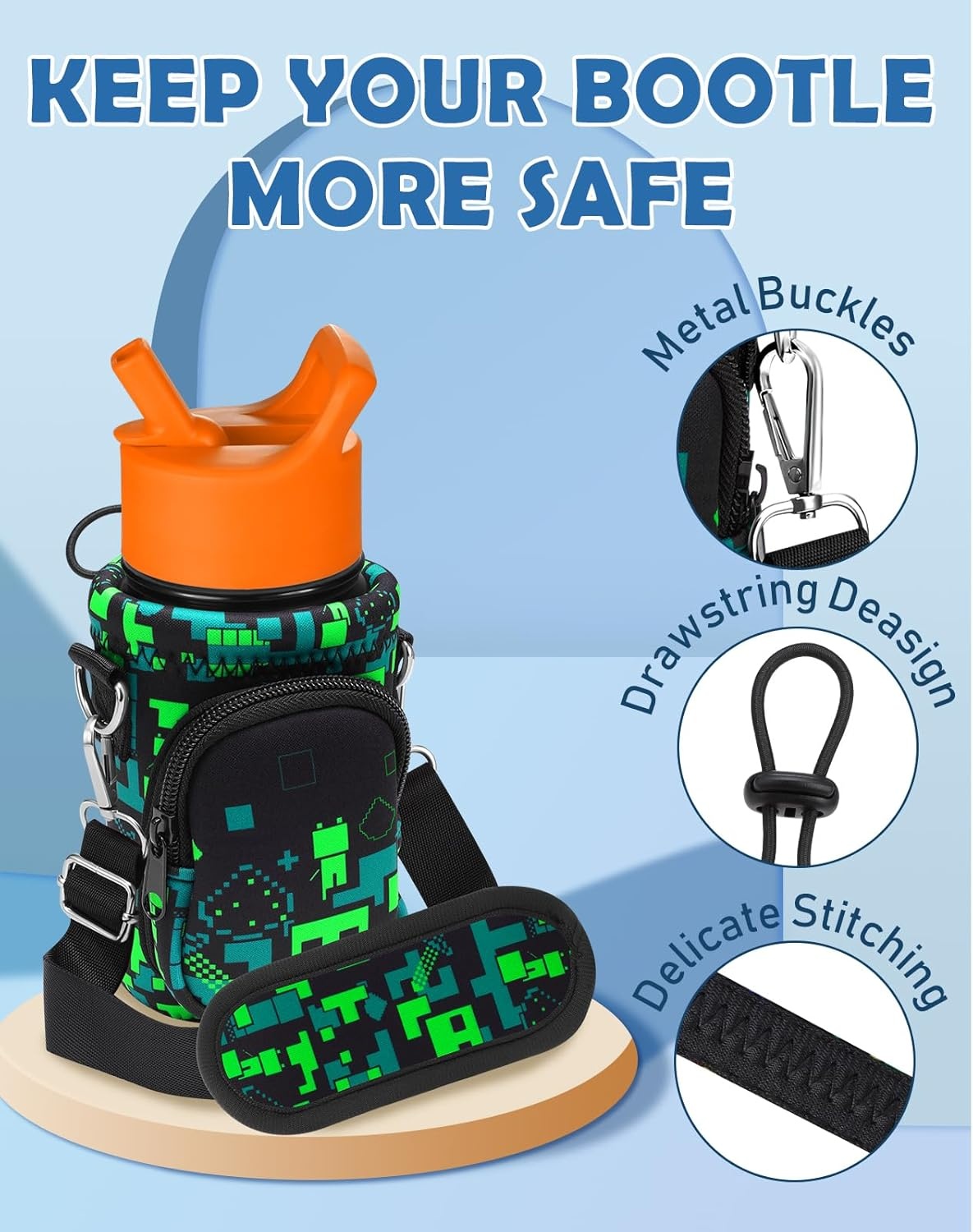 image:imageMiss Adola Water Bottle Carrier with Strap Insulated Kids Water Bottle Holder for Boys Girls Bottle Bag for 1018OzGreen World