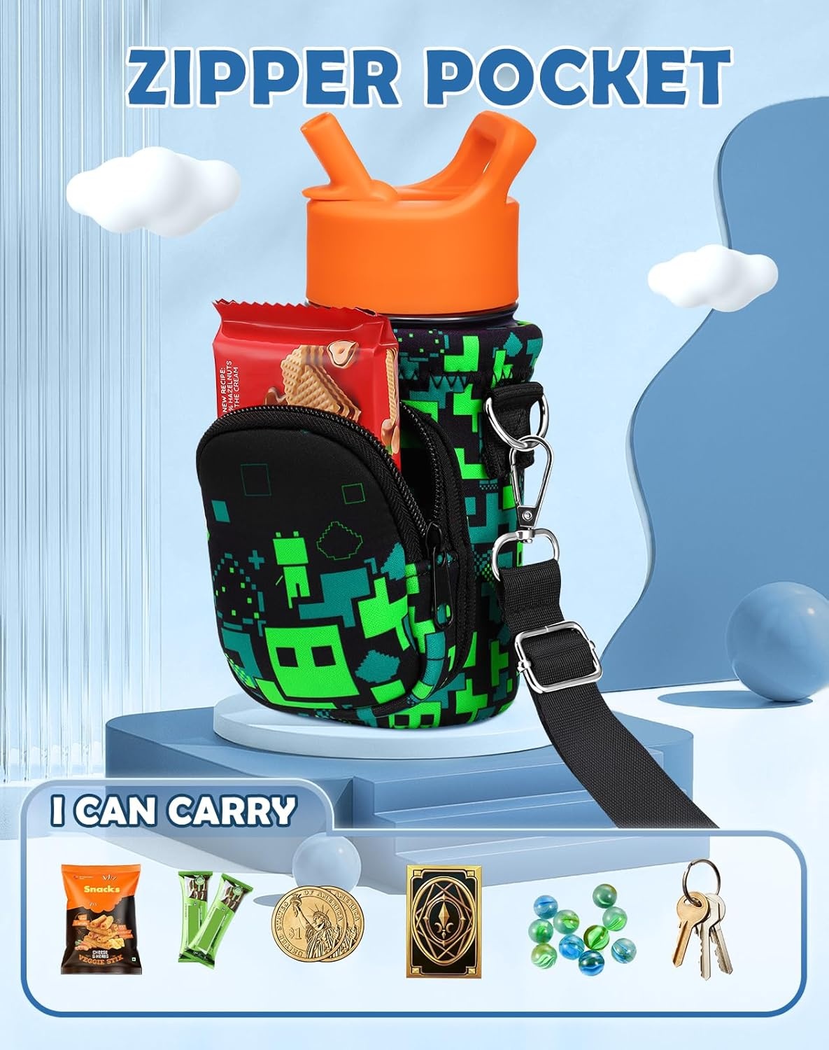 image:imageMiss Adola Water Bottle Carrier with Strap Insulated Kids Water Bottle Holder for Boys Girls Bottle Bag for 1018OzGreen World