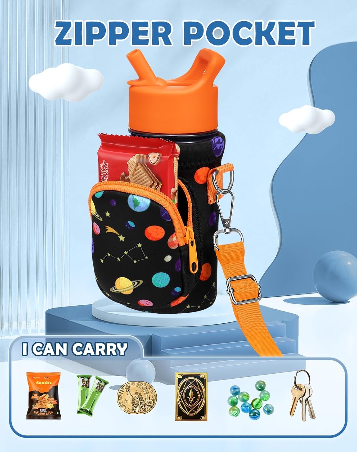 image:imageMiss Adola Water Bottle Carrier with Strap Insulated Kids Water Bottle Holder for Boys Girls Bottle Bag for 1018OzOrange Planet