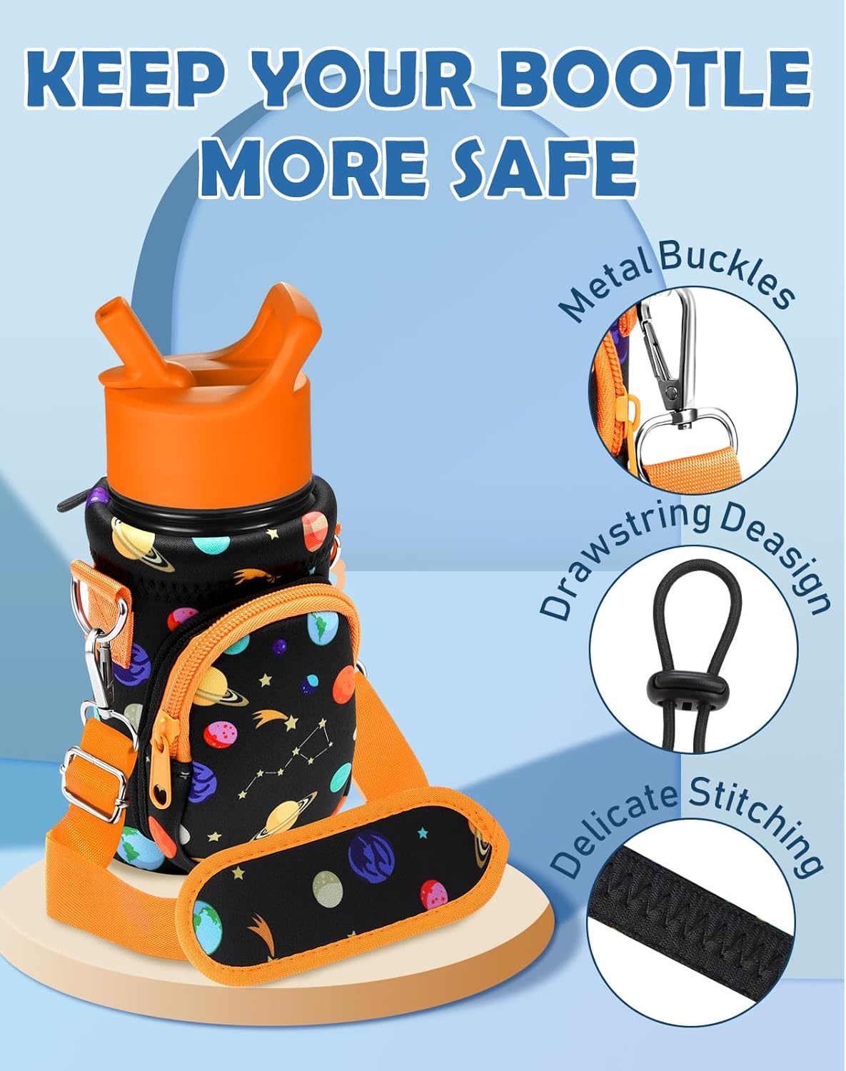 image:imageMiss Adola Water Bottle Carrier with Strap Insulated Kids Water Bottle Holder for Boys Girls Bottle Bag for 1018OzOrange Planet