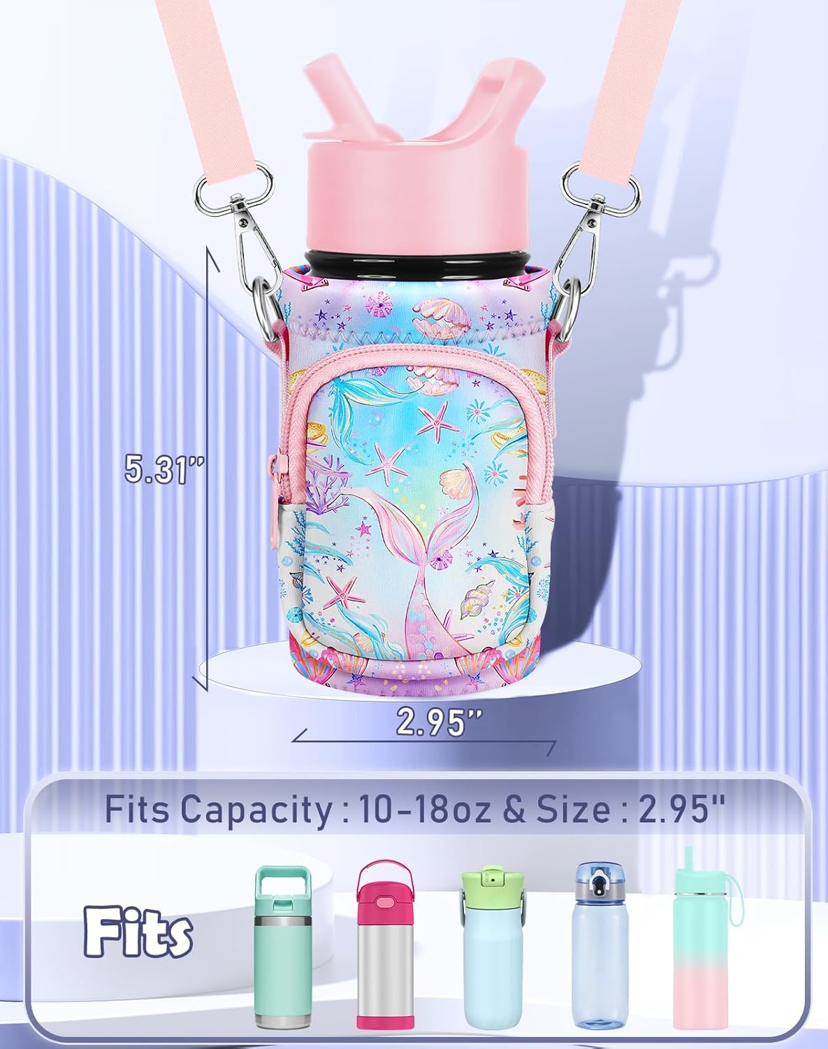image:imageMiss Adola Water Bottle Carrier with Strap Insulated Kids Water Bottle Holder for Boys Girls Bottle Bag for 1018OzPink Fishtail