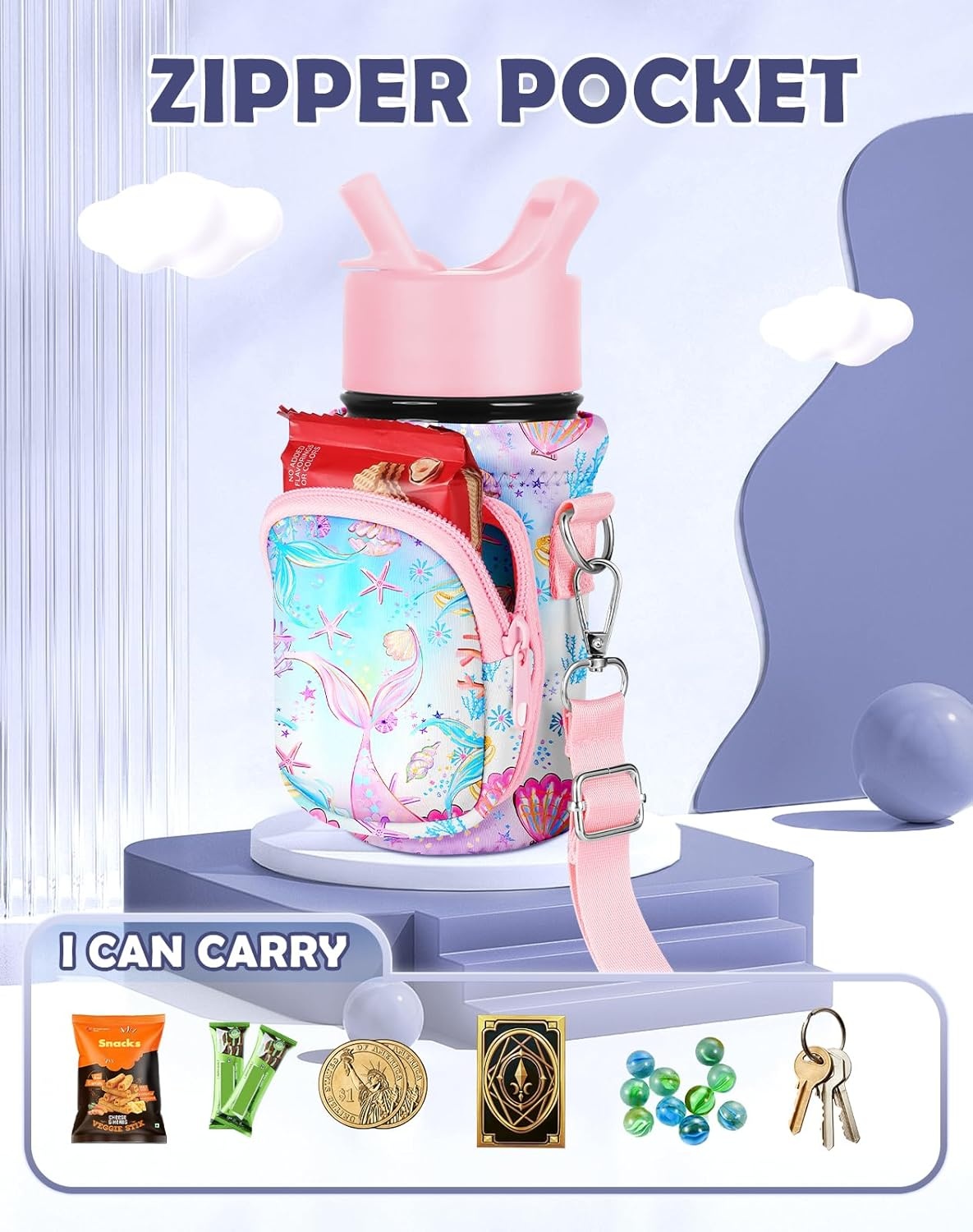 image:imageMiss Adola Water Bottle Carrier with Strap Insulated Kids Water Bottle Holder for Boys Girls Bottle Bag for 1018OzPink Fishtail
