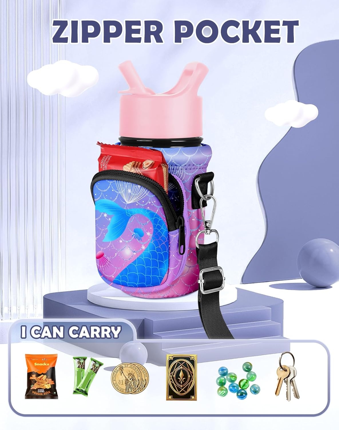 image:imageMiss Adola Water Bottle Carrier with Strap Insulated Kids Water Bottle Holder for Boys Girls Bottle Bag for 1018OzPurple Fishtail