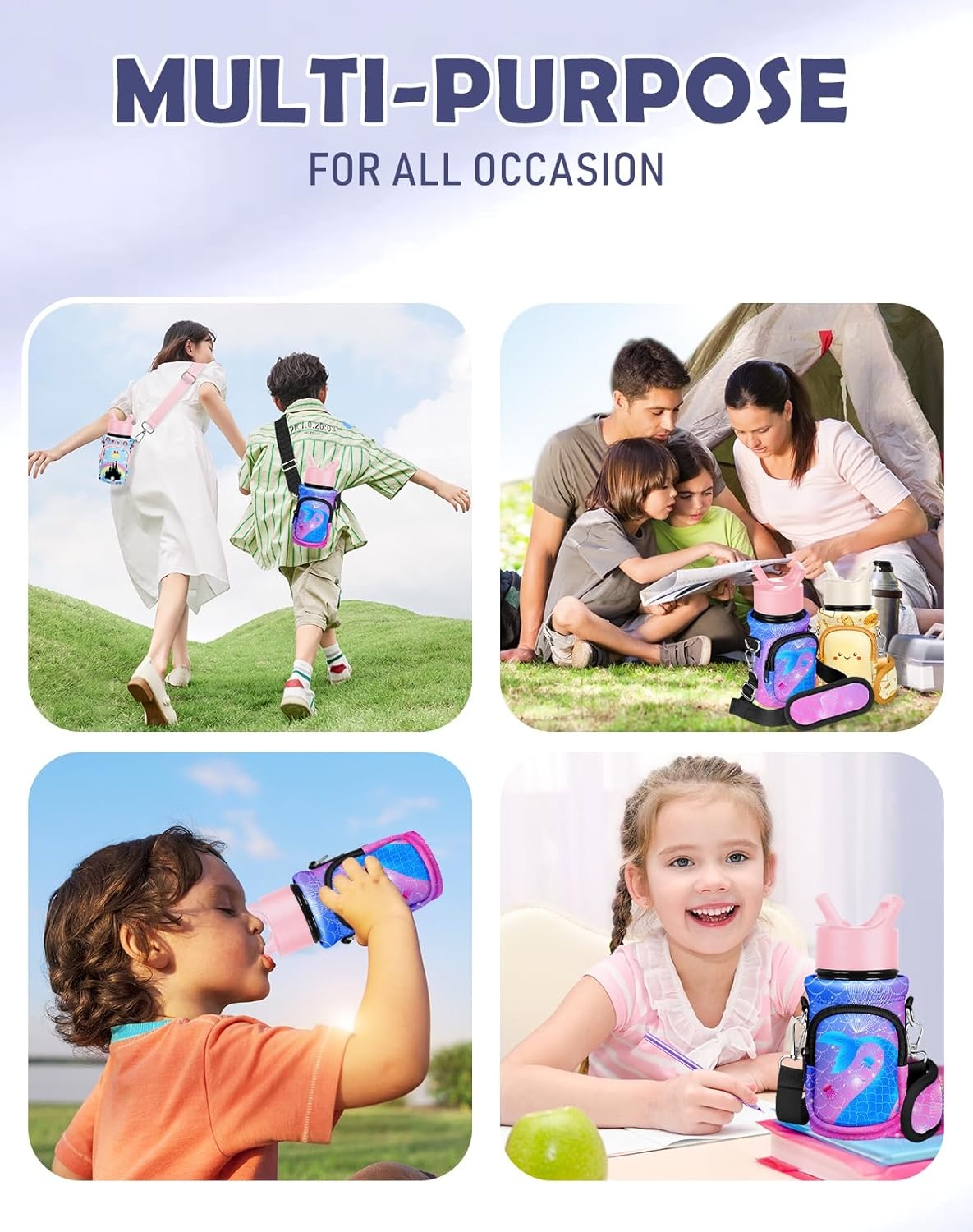 image:imageMiss Adola Water Bottle Carrier with Strap Insulated Kids Water Bottle Holder for Boys Girls Bottle Bag for 1018OzPurple Fishtail