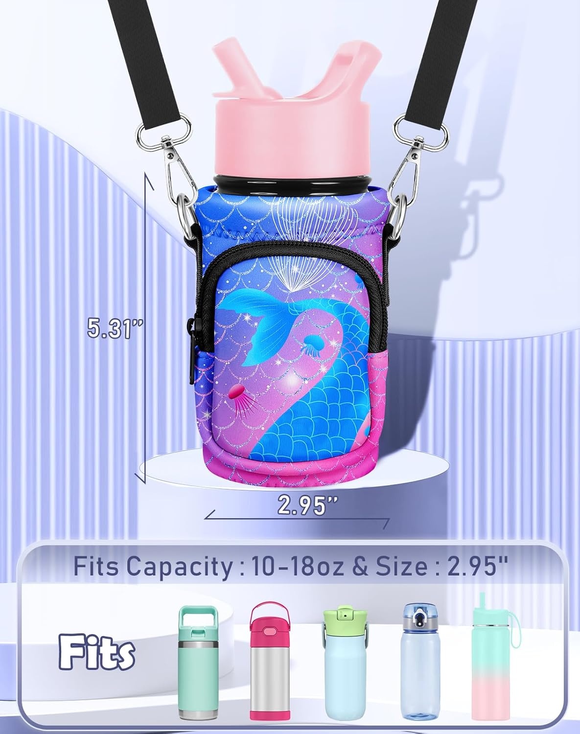 image:imageMiss Adola Water Bottle Carrier with Strap Insulated Kids Water Bottle Holder for Boys Girls Bottle Bag for 1018OzPurple Fishtail