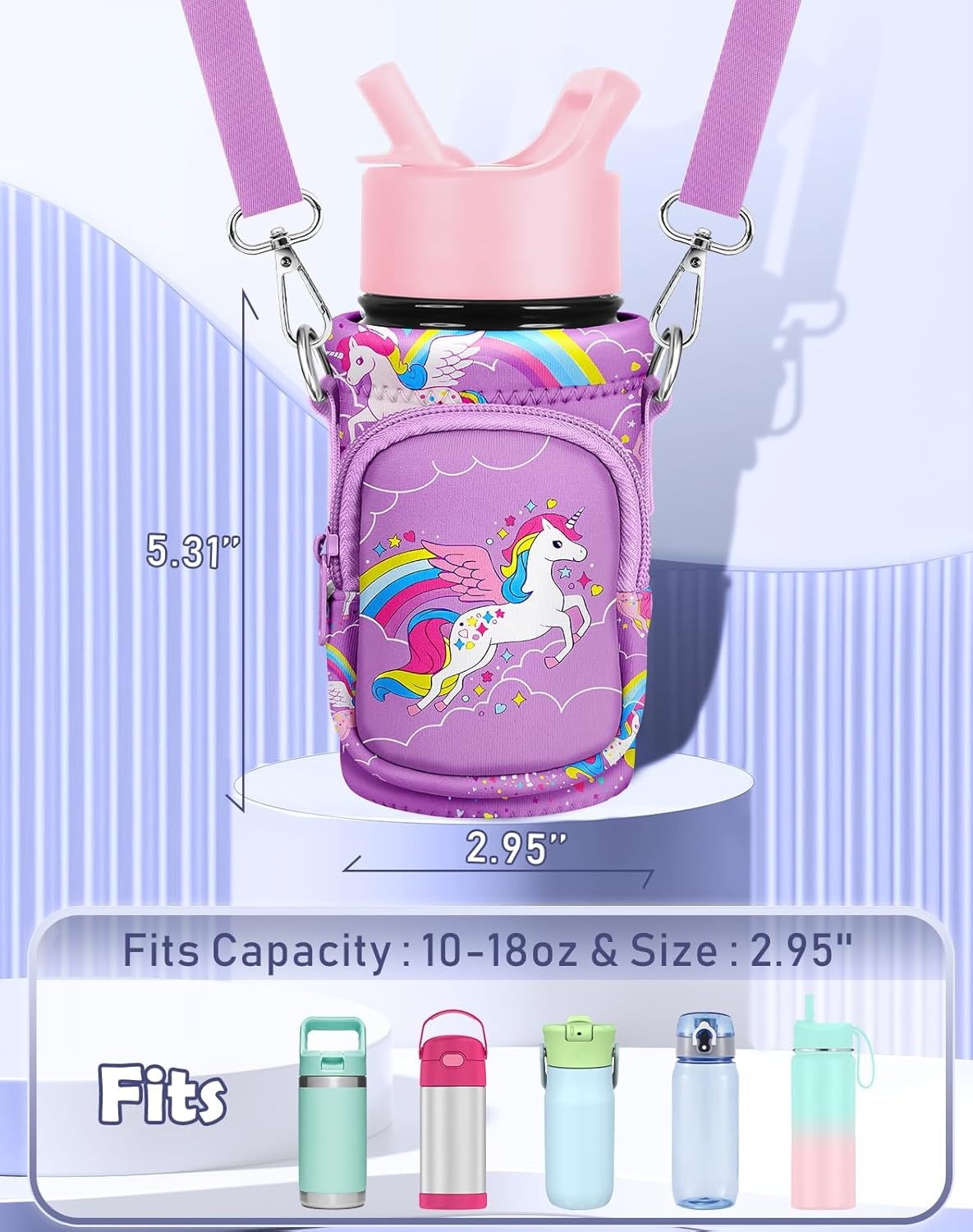 image:imageMiss Adola Water Bottle Carrier with Strap Insulated Kids Water Bottle Holder for Boys Girls Bottle Bag for 1018OzPurple Unicorn