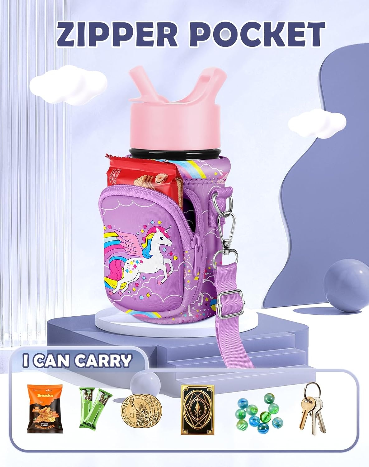 image:imageMiss Adola Water Bottle Carrier with Strap Insulated Kids Water Bottle Holder for Boys Girls Bottle Bag for 1018OzPurple Unicorn