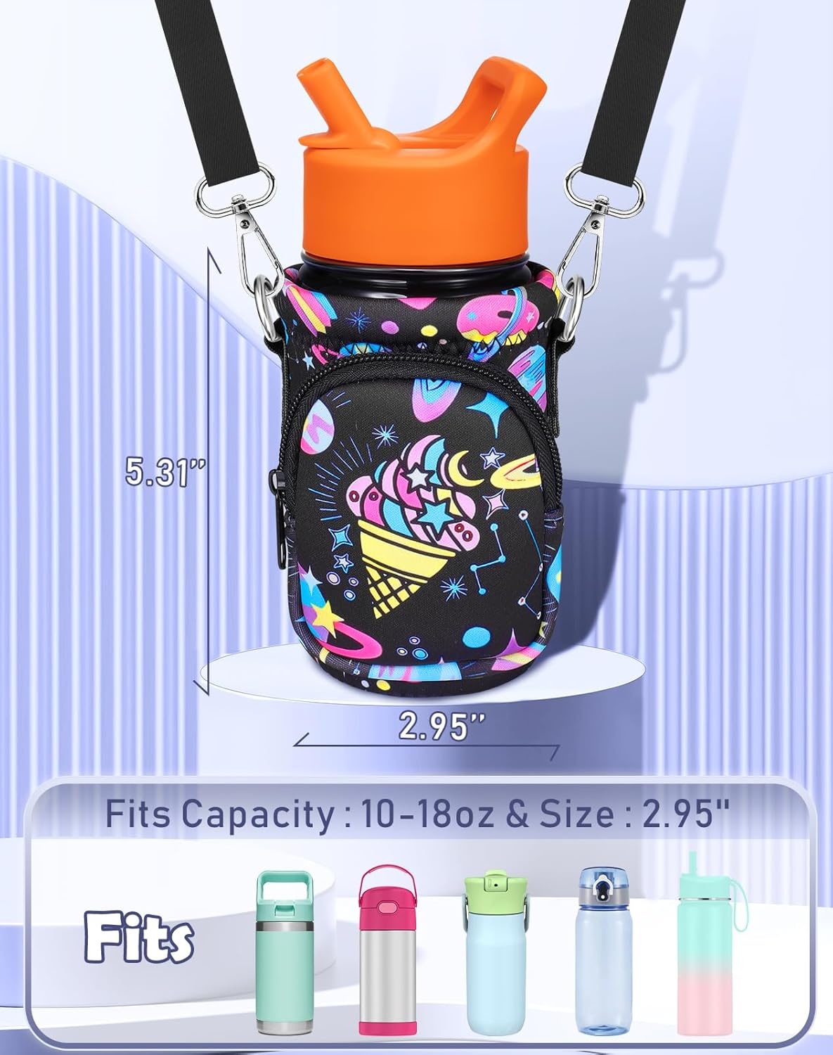 image:imageMiss Adola Water Bottle Carrier with Strap Insulated Kids Water Bottle Holder for Boys Girls Bottle Bag for 1018OzRainbow Ice Cream