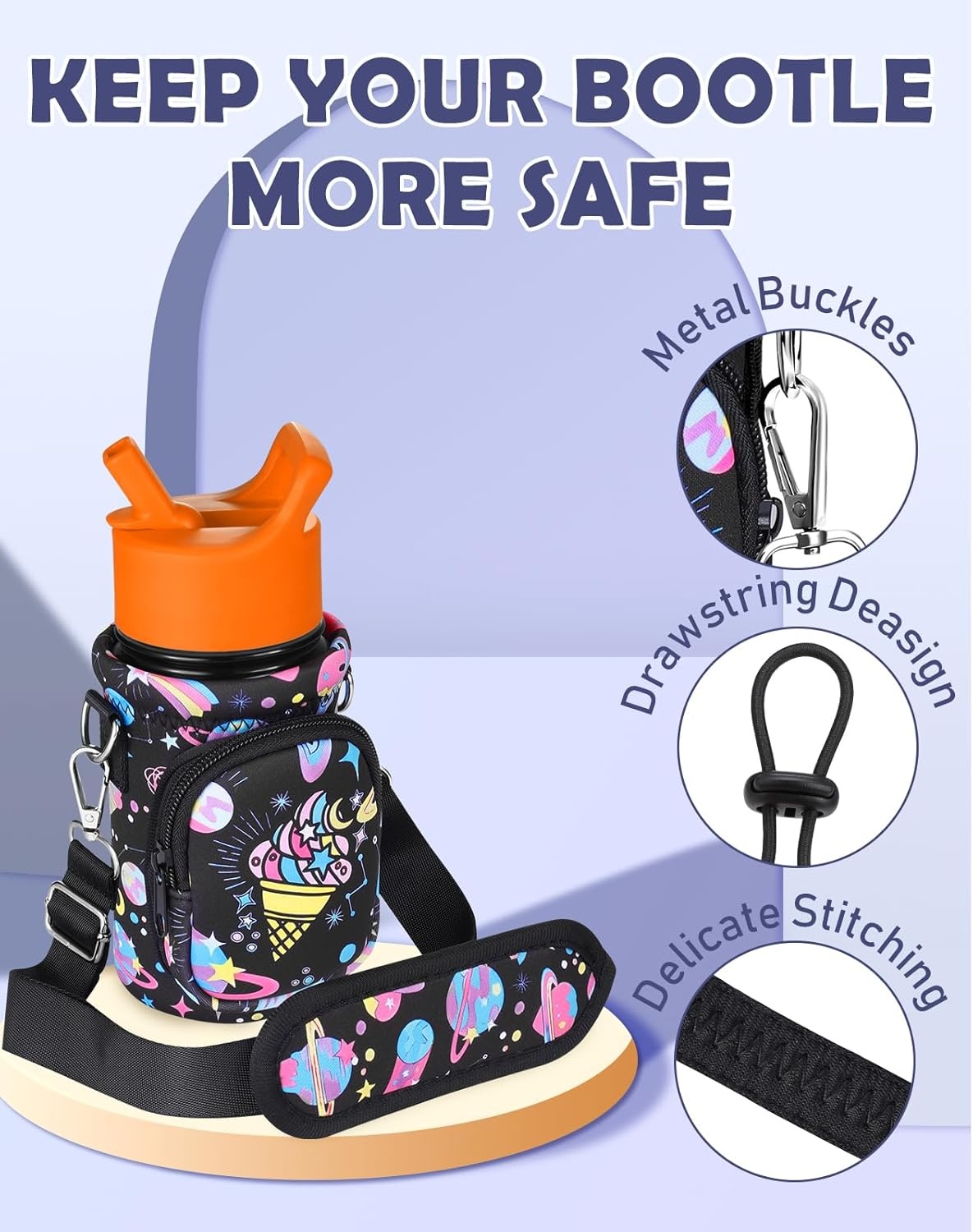 image:imageMiss Adola Water Bottle Carrier with Strap Insulated Kids Water Bottle Holder for Boys Girls Bottle Bag for 1018OzRainbow Ice Cream