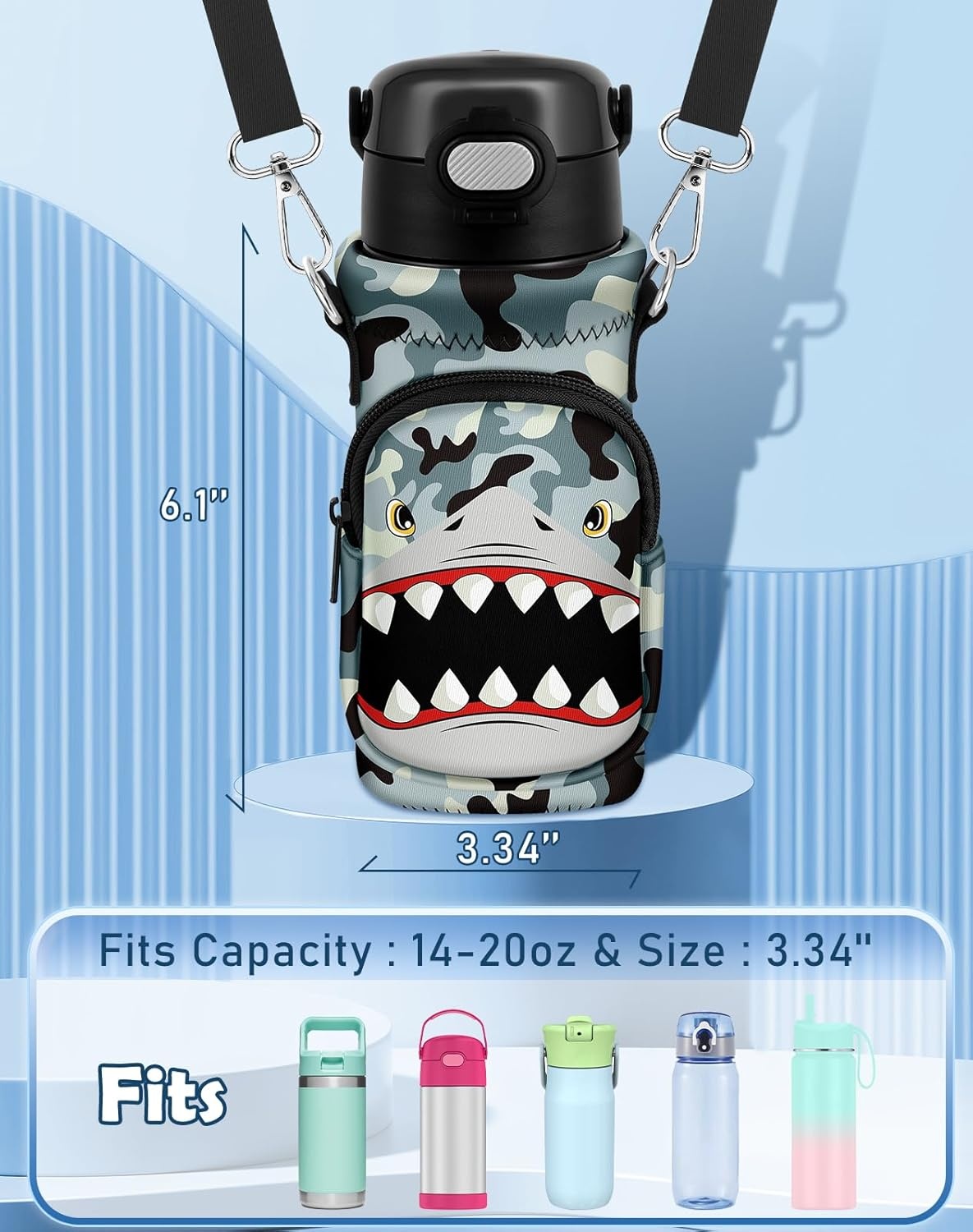 image:imageMiss Adola Water Bottle Carrier with Strap Insulated Neoprene Water Bottle Holder Bag with Pocket for 1420 ozCamo Shark