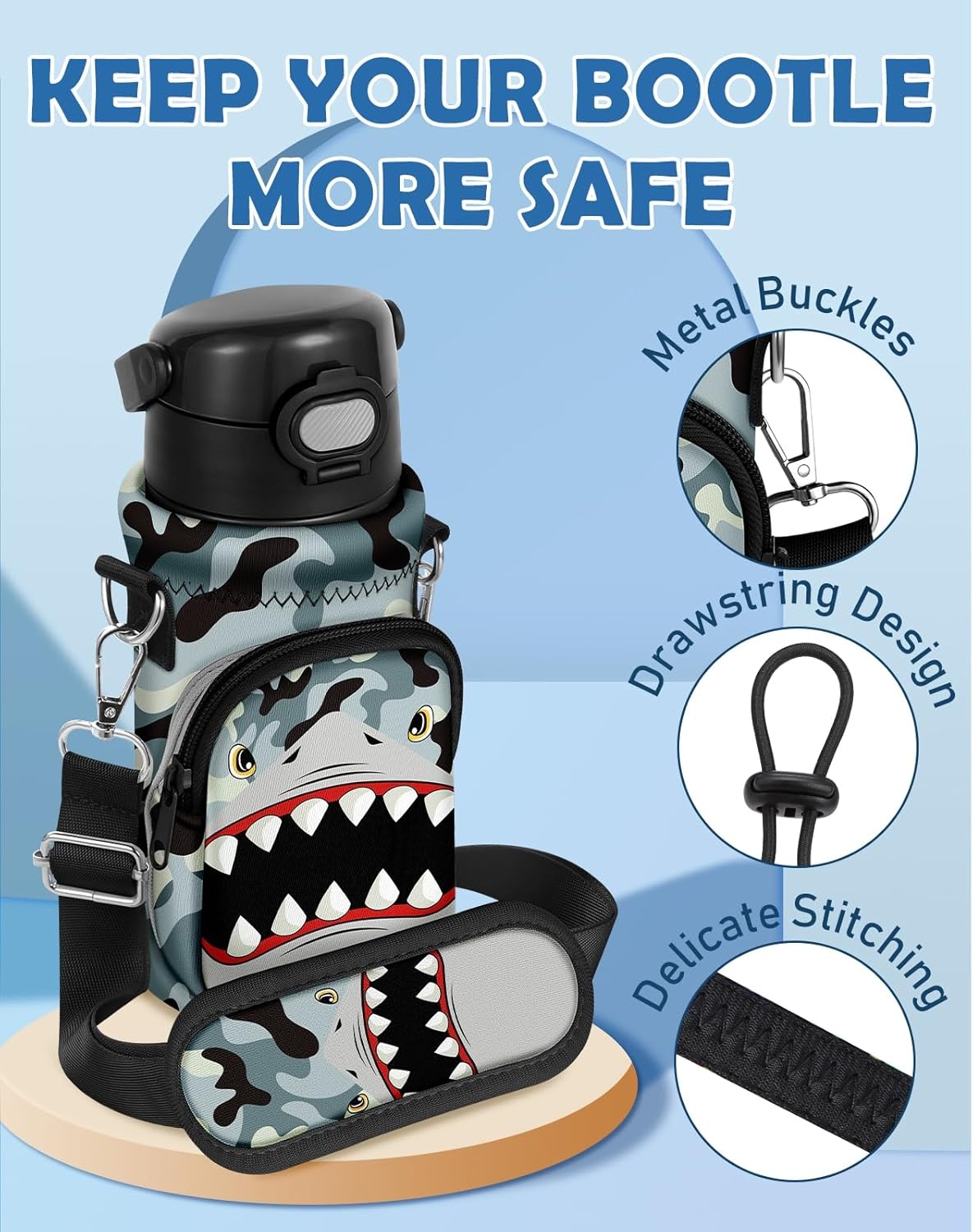image:imageMiss Adola Water Bottle Carrier with Strap Insulated Neoprene Water Bottle Holder Bag with Pocket for 1420 ozCamo Shark