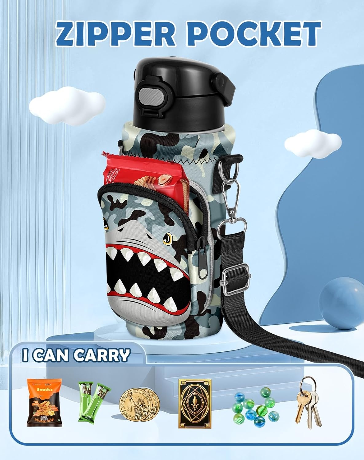 image:imageMiss Adola Water Bottle Carrier with Strap Insulated Neoprene Water Bottle Holder Bag with Pocket for 1420 ozCamo Shark