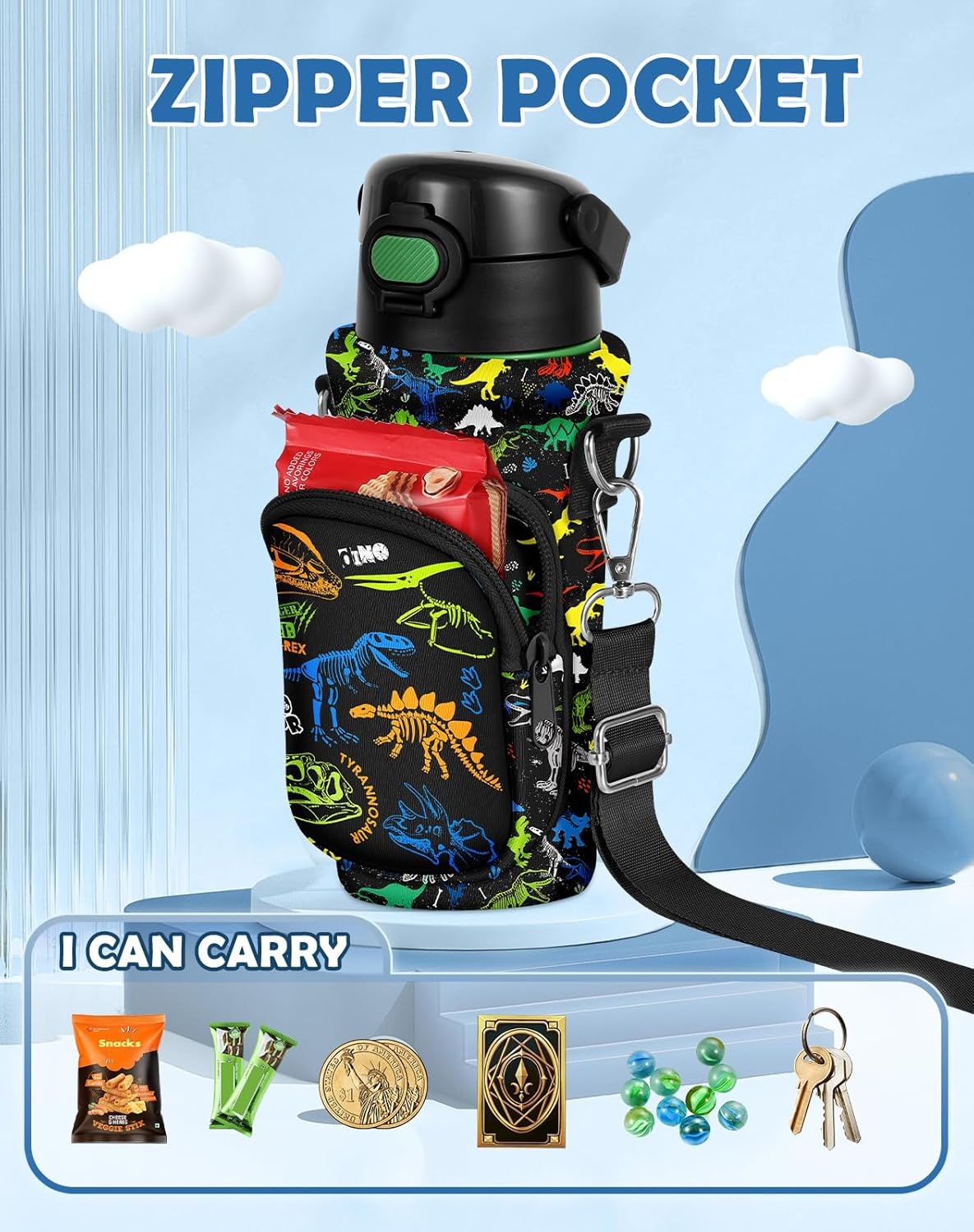 image:imageMiss Adola Water Bottle Carrier with Strap Insulated Neoprene Water Bottle Holder Bag with Pocket for 1420 ozDinosaur Bone