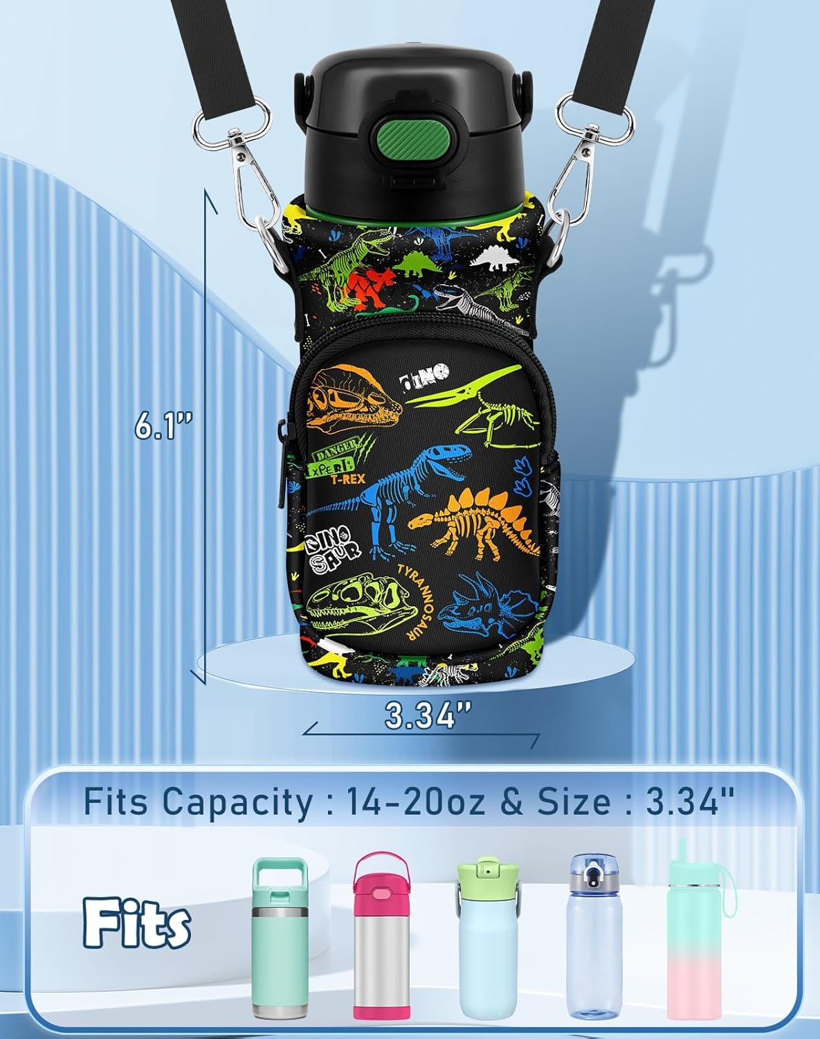 image:imageMiss Adola Water Bottle Carrier with Strap Insulated Neoprene Water Bottle Holder Bag with Pocket for 1420 ozDinosaur Bone