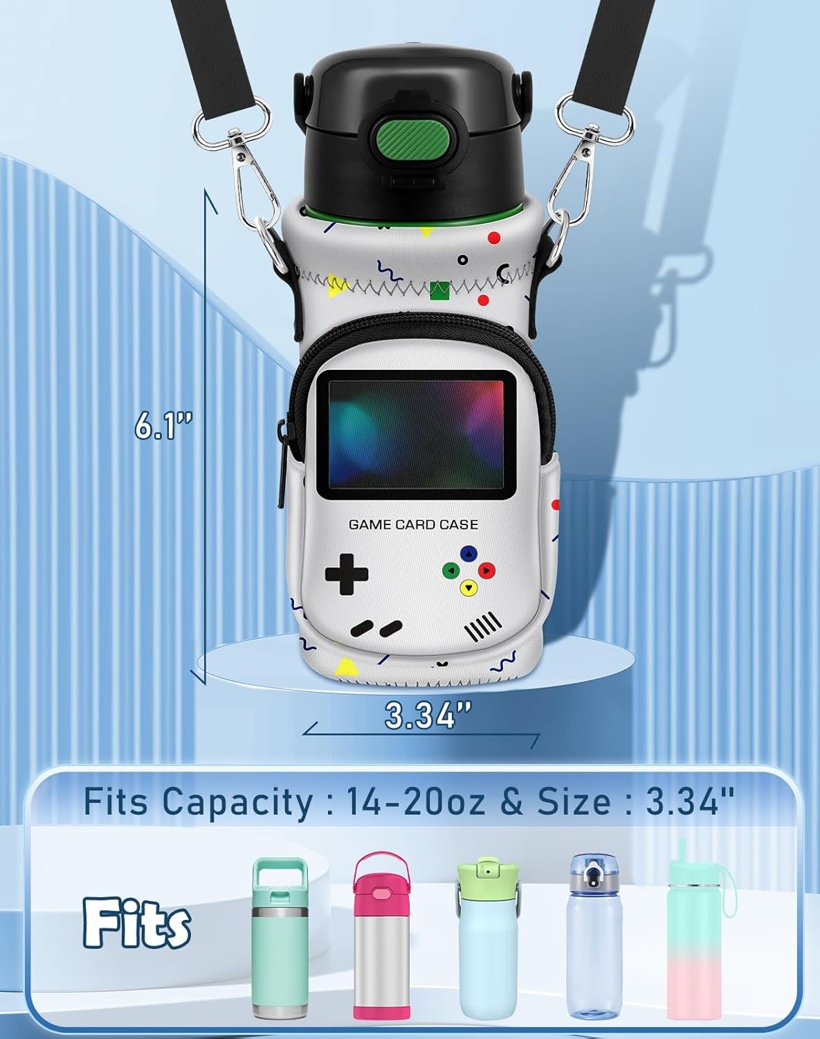 image:imageMiss Adola Water Bottle Carrier with Strap Insulated Neoprene Water Bottle Holder Bag with Pocket for 1420 ozRetro Game