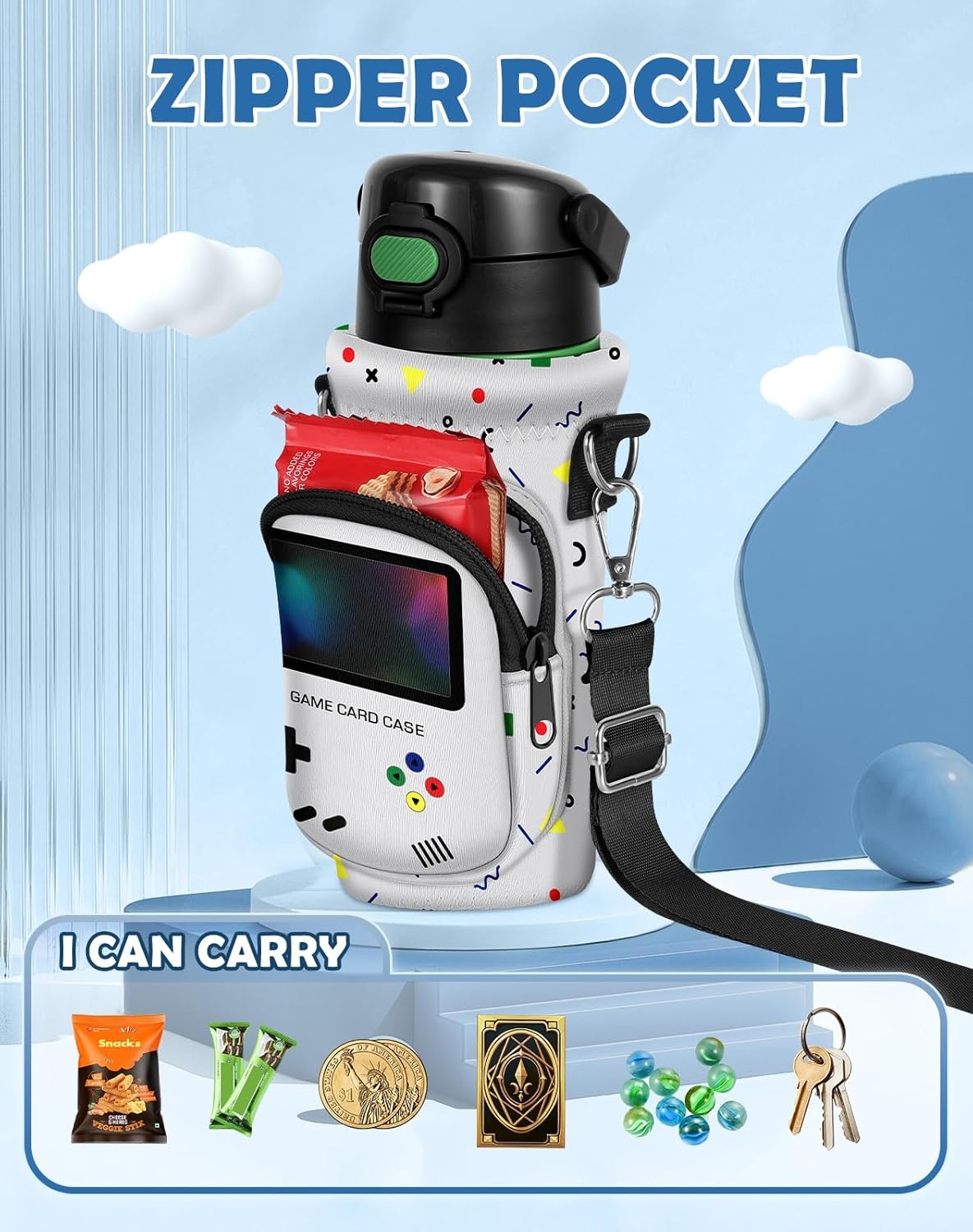 image:imageMiss Adola Water Bottle Carrier with Strap Insulated Neoprene Water Bottle Holder Bag with Pocket for 1420 ozRetro Game