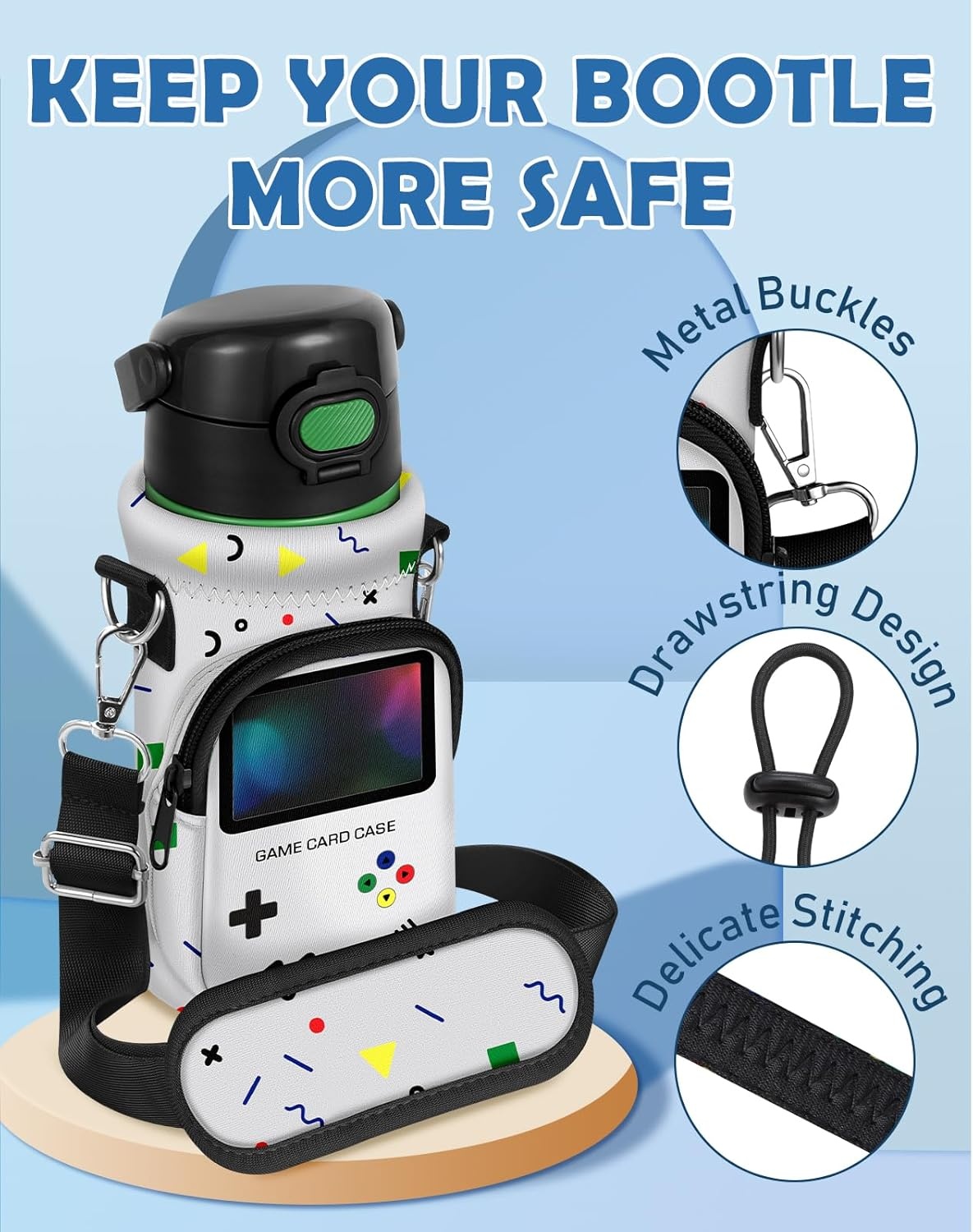 image:imageMiss Adola Water Bottle Carrier with Strap Insulated Neoprene Water Bottle Holder Bag with Pocket for 1420 ozRetro Game
