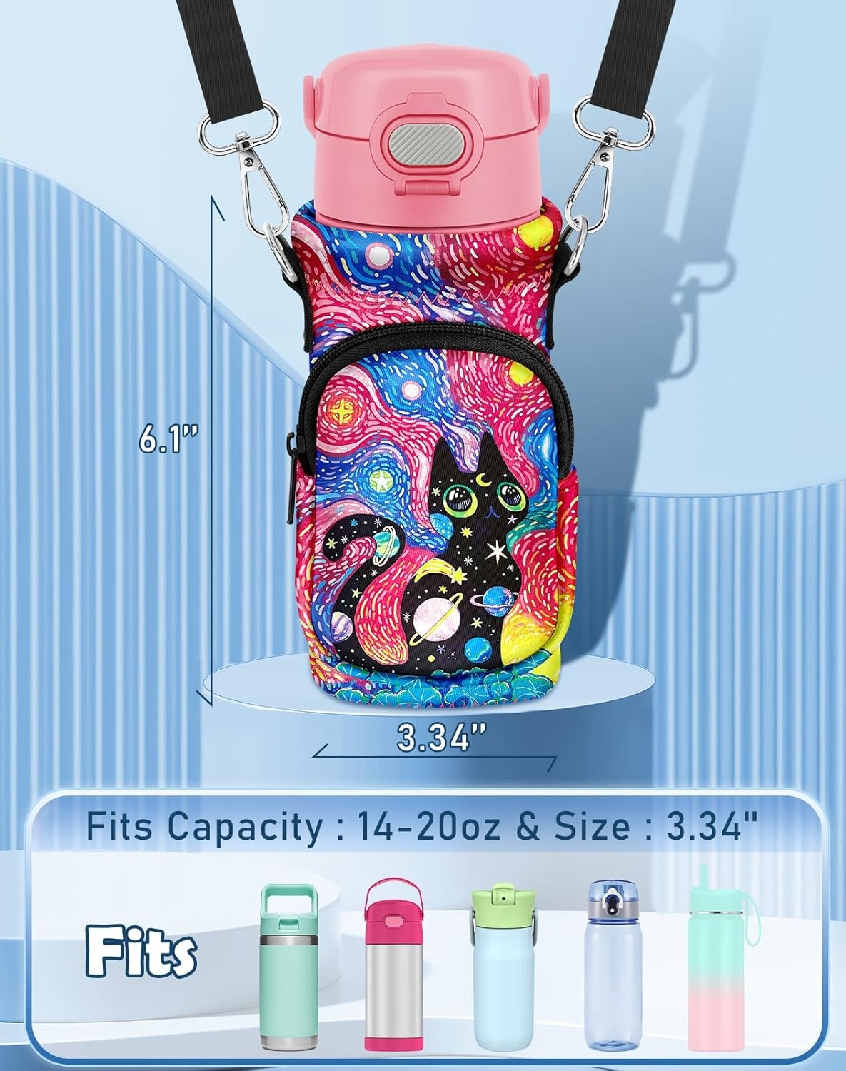 image:imageMiss Adola Water Bottle Carrier with Strap Insulated Neoprene Water Bottle Holder Bag with Pocket for 1420 ozStarry Sky Cat