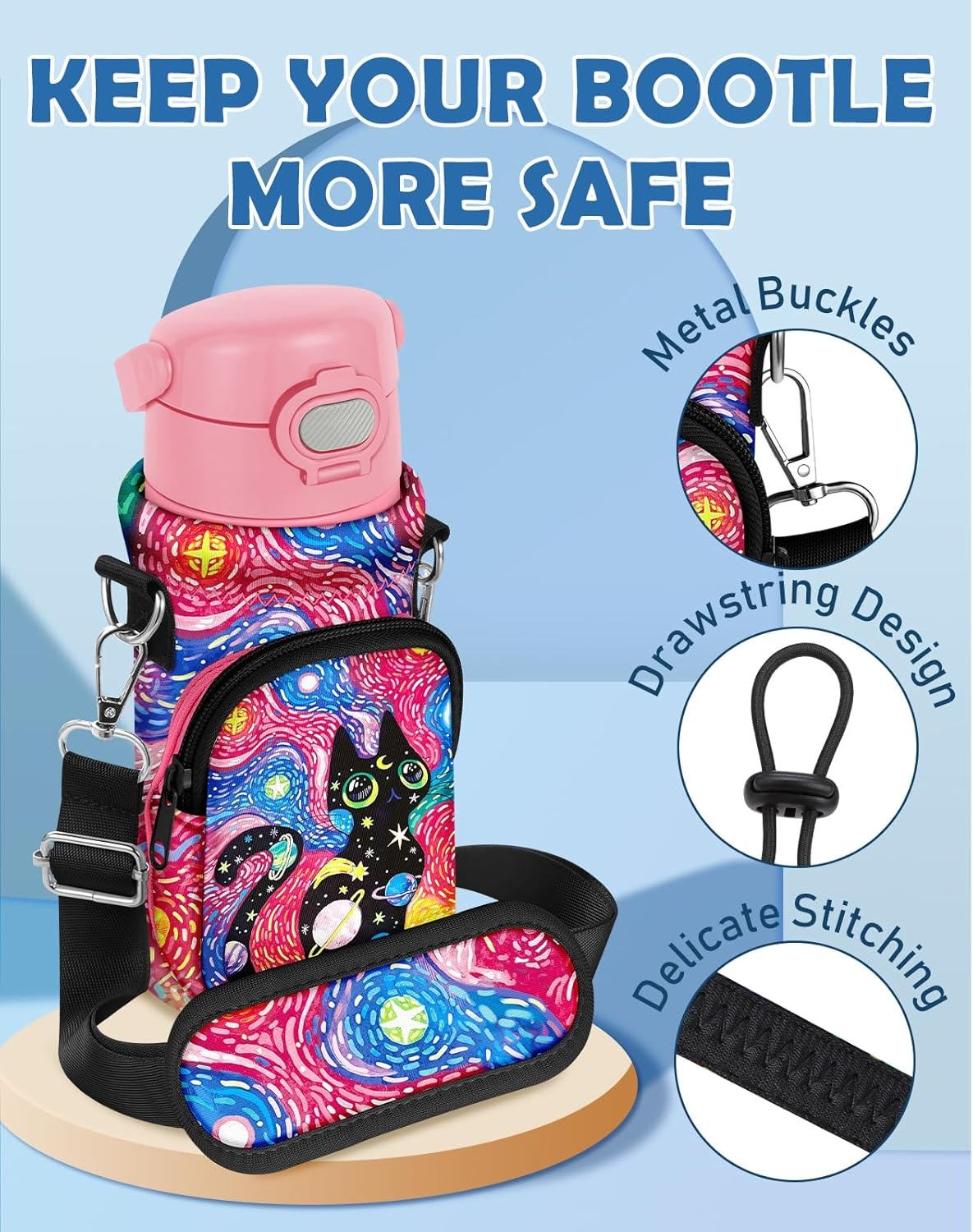 image:imageMiss Adola Water Bottle Carrier with Strap Insulated Neoprene Water Bottle Holder Bag with Pocket for 1420 ozStarry Sky Cat