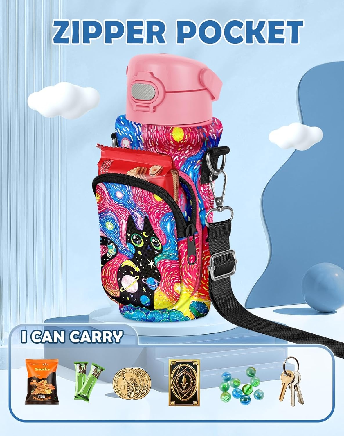 image:imageMiss Adola Water Bottle Carrier with Strap Insulated Neoprene Water Bottle Holder Bag with Pocket for 1420 ozStarry Sky Cat