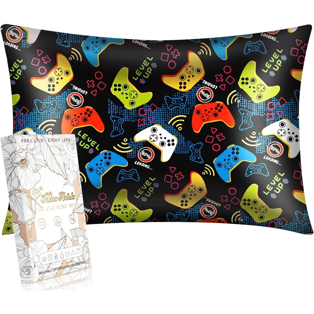 image:imageMiss Adola 1Pc Silk Pillowcase for Kids 30x20 Queen 19 Momme Mulberry Silk Pillow Case with Hidden Zipper for Hair and Skin Cute Cartoon for Toddlers Teens Boys Girls Pink Girl ShadowBlack Game
