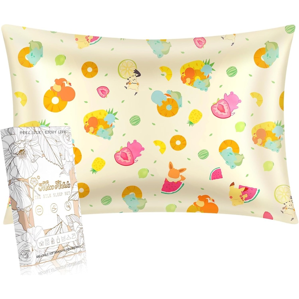 image:imageMiss Adola 1Pc Silk Pillowcase for Kids 30x20 Queen 19 Momme Mulberry Silk Pillow Case with Hidden Zipper for Hair and Skin Cute Cartoon for Toddlers Teens Boys Girls Pink Girl ShadowBkm Fruit