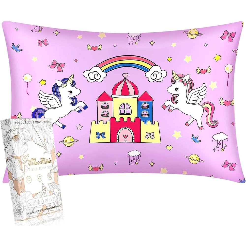 image:imageMiss Adola 1Pc Silk Pillowcase for Kids 30x20 Queen 19 Momme Mulberry Silk Pillow Case with Hidden Zipper for Hair and Skin Cute Cartoon for Toddlers Teens Boys Girls Pink Girl ShadowCouple Unicorn