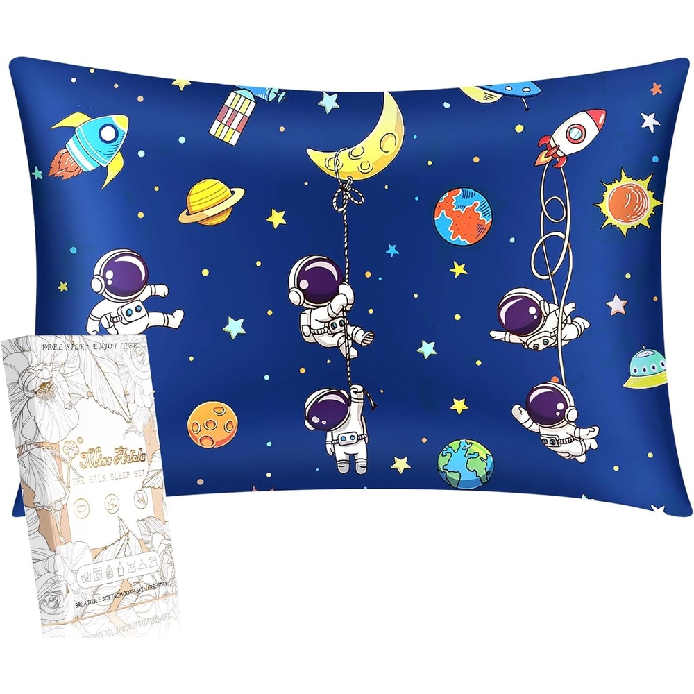 image:imageMiss Adola 1Pc Silk Pillowcase for Kids 30x20 Queen 19 Momme Mulberry Silk Pillow Case with Hidden Zipper for Hair and Skin Cute Cartoon for Toddlers Teens Boys Girls Pink Girl ShadowBlue Astronaut